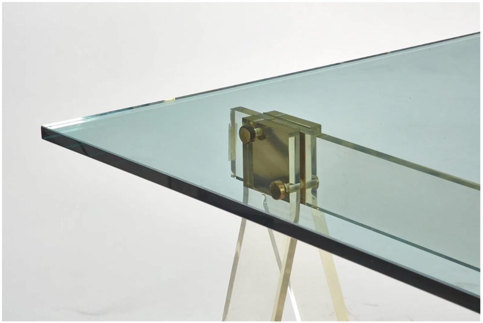 Mid-Century Modern Lucite, Brass & Glass Sawhorse Dining Table or Desk