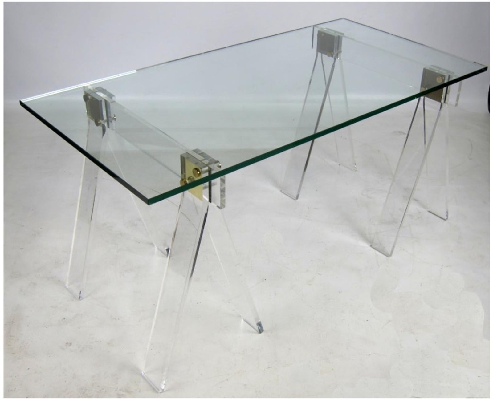American Lucite, Brass & Glass Sawhorse Dining Table or Desk