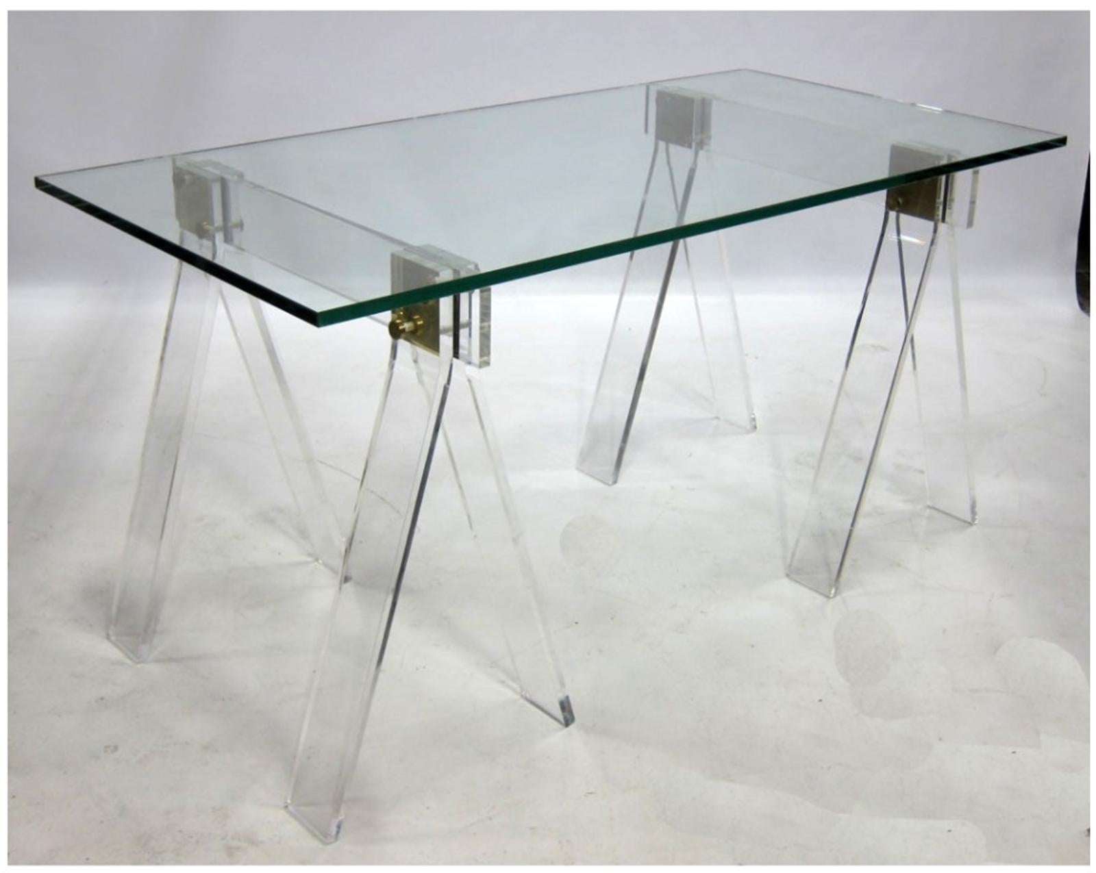 Lucite, Brass & Glass Sawhorse Dining Table or Desk In Good Condition In Los Angeles, CA