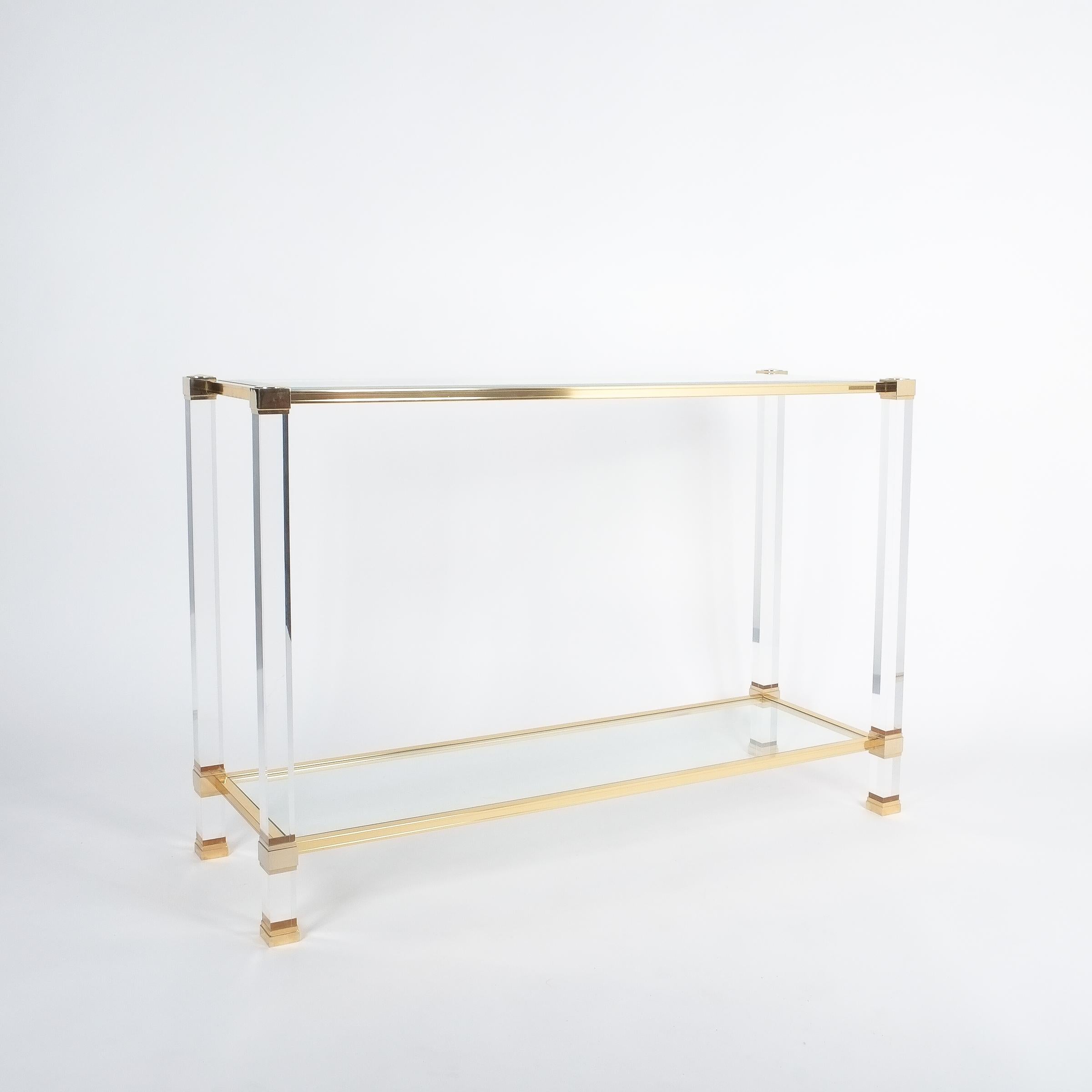 French Lucite and Brass Signed Console Table by Pierre Vandel, Paris, 1970