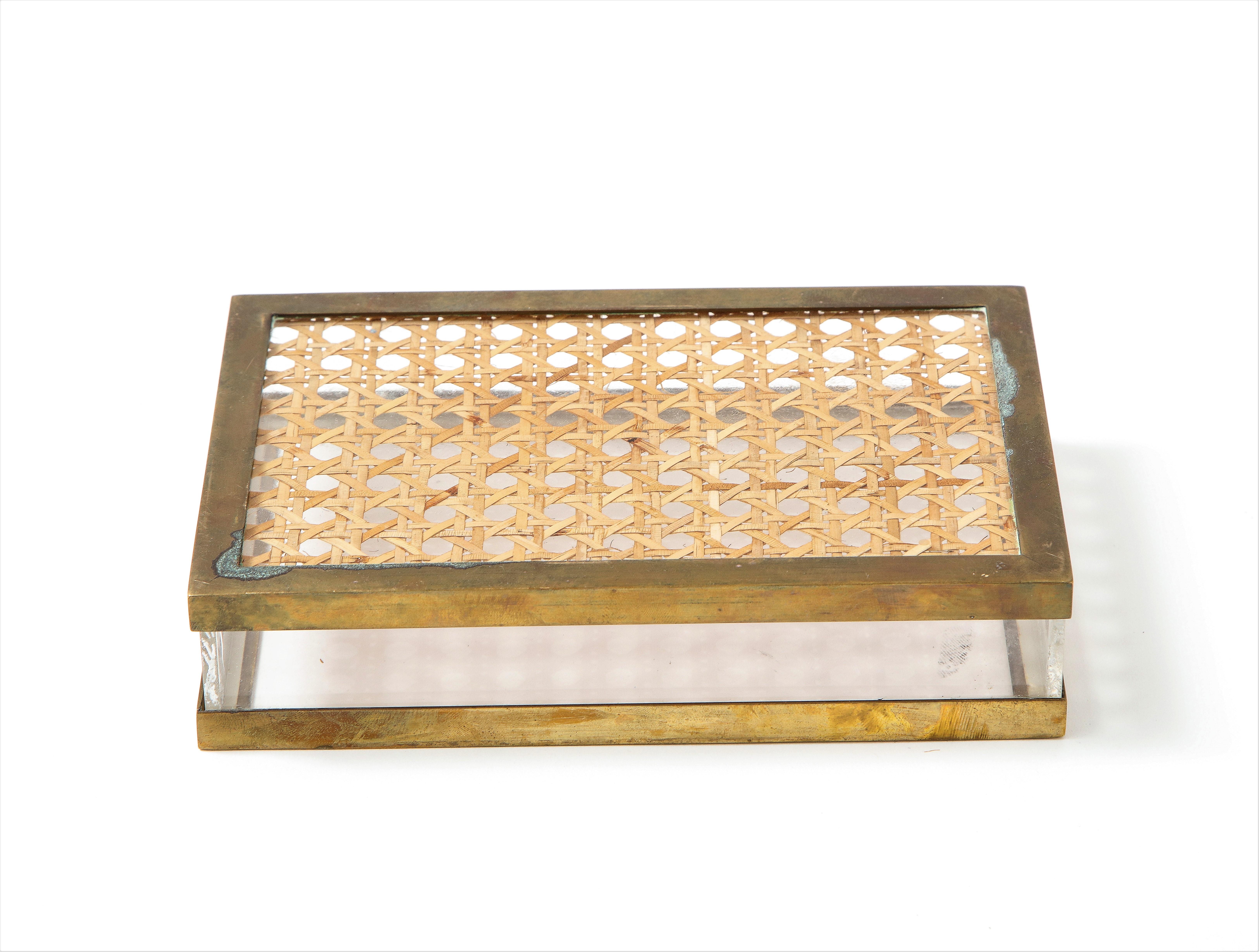 Late 20th Century Lucite, Cane and Brass Box in the Style of Christian Dior, Italy, 1970's For Sale