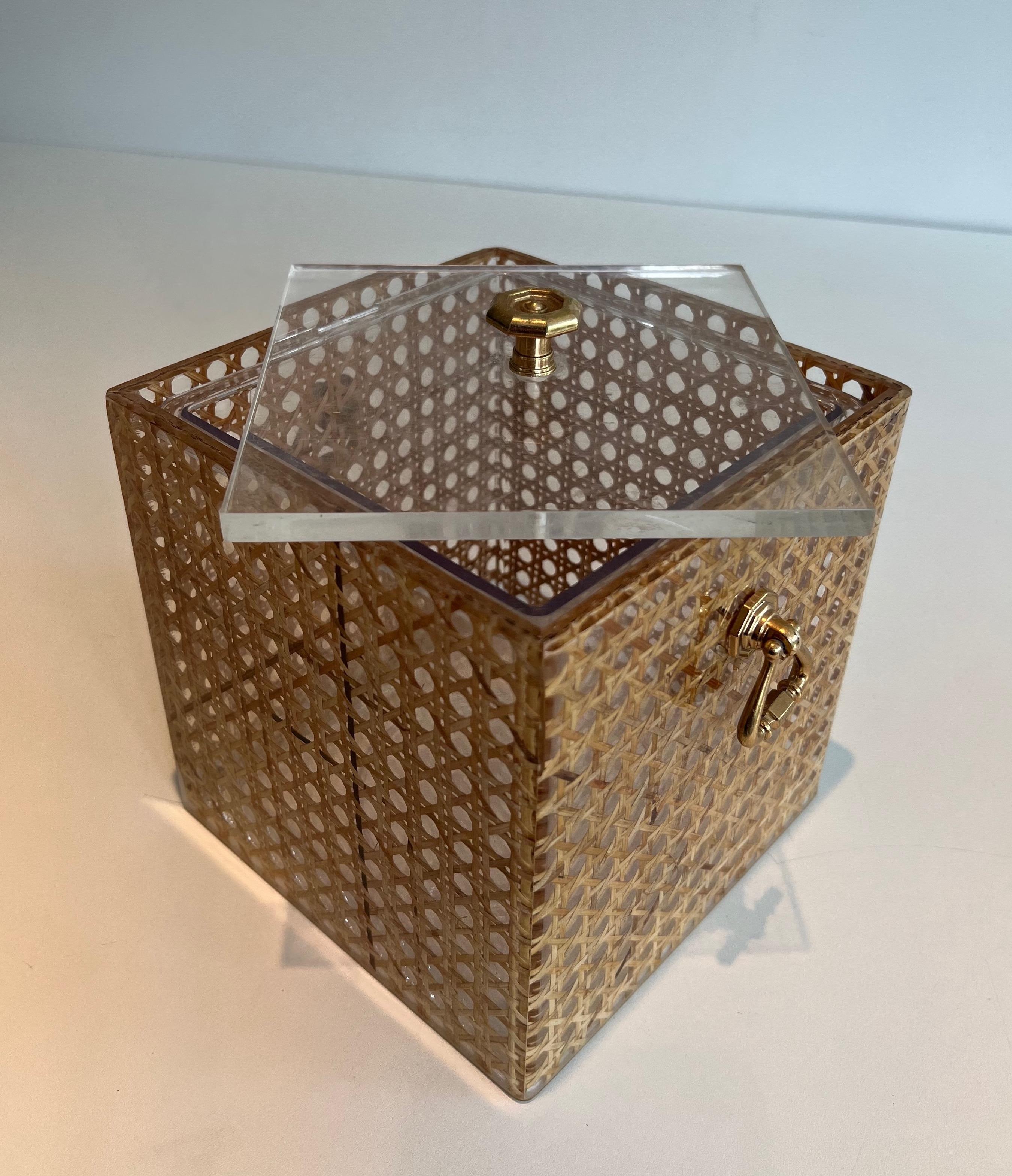Late 20th Century Lucite, Caned and Brass Ice Bucket. Italian work in the style of Christian Dior  For Sale