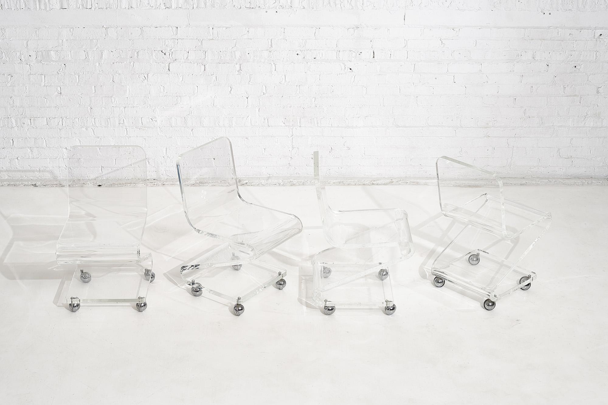 Mid-Century Modern Lucite Chairs on Casters, circa 1970, Les Prismatiques For Sale