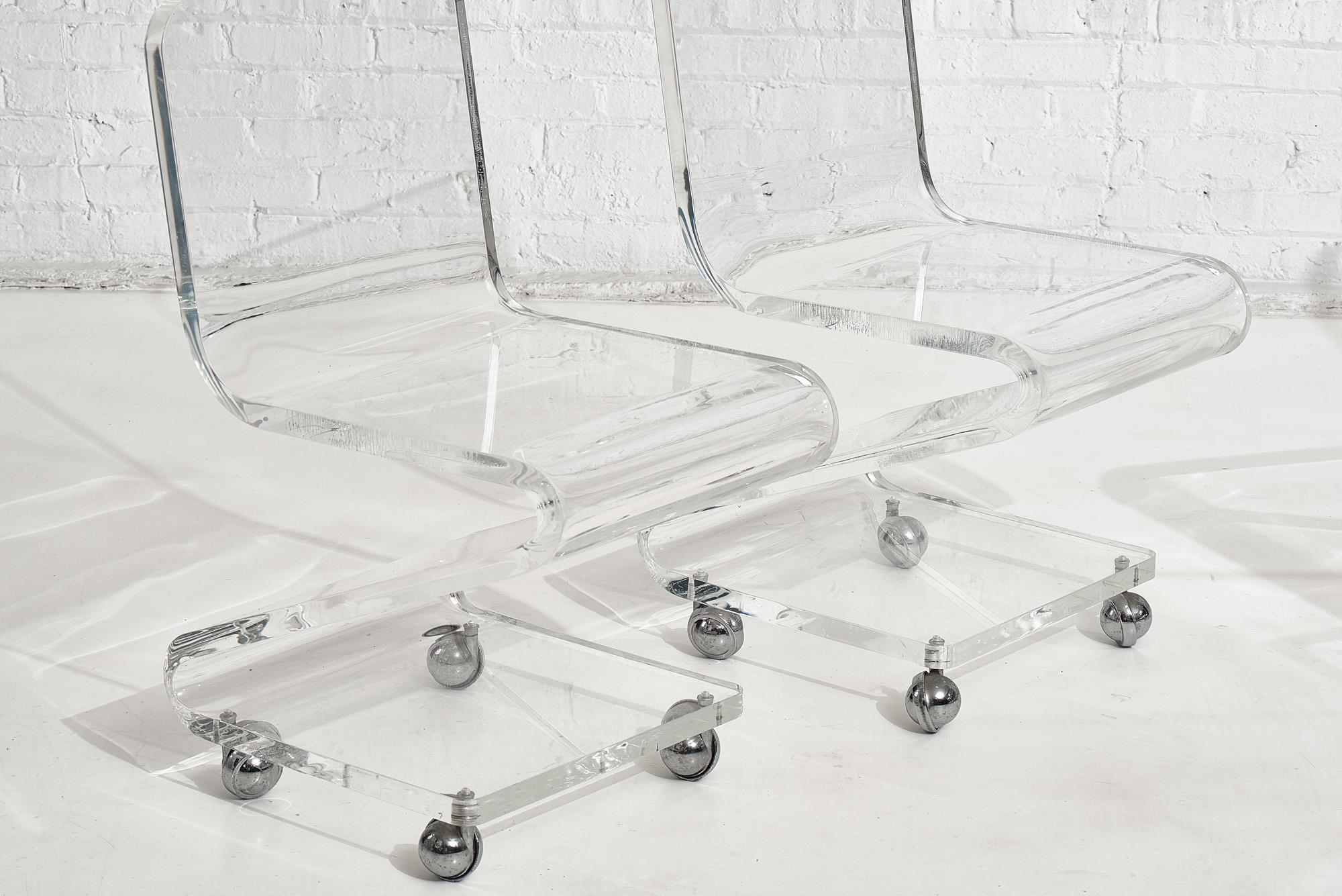 Lucite Chairs on Casters, circa 1970, Les Prismatiques For Sale 3