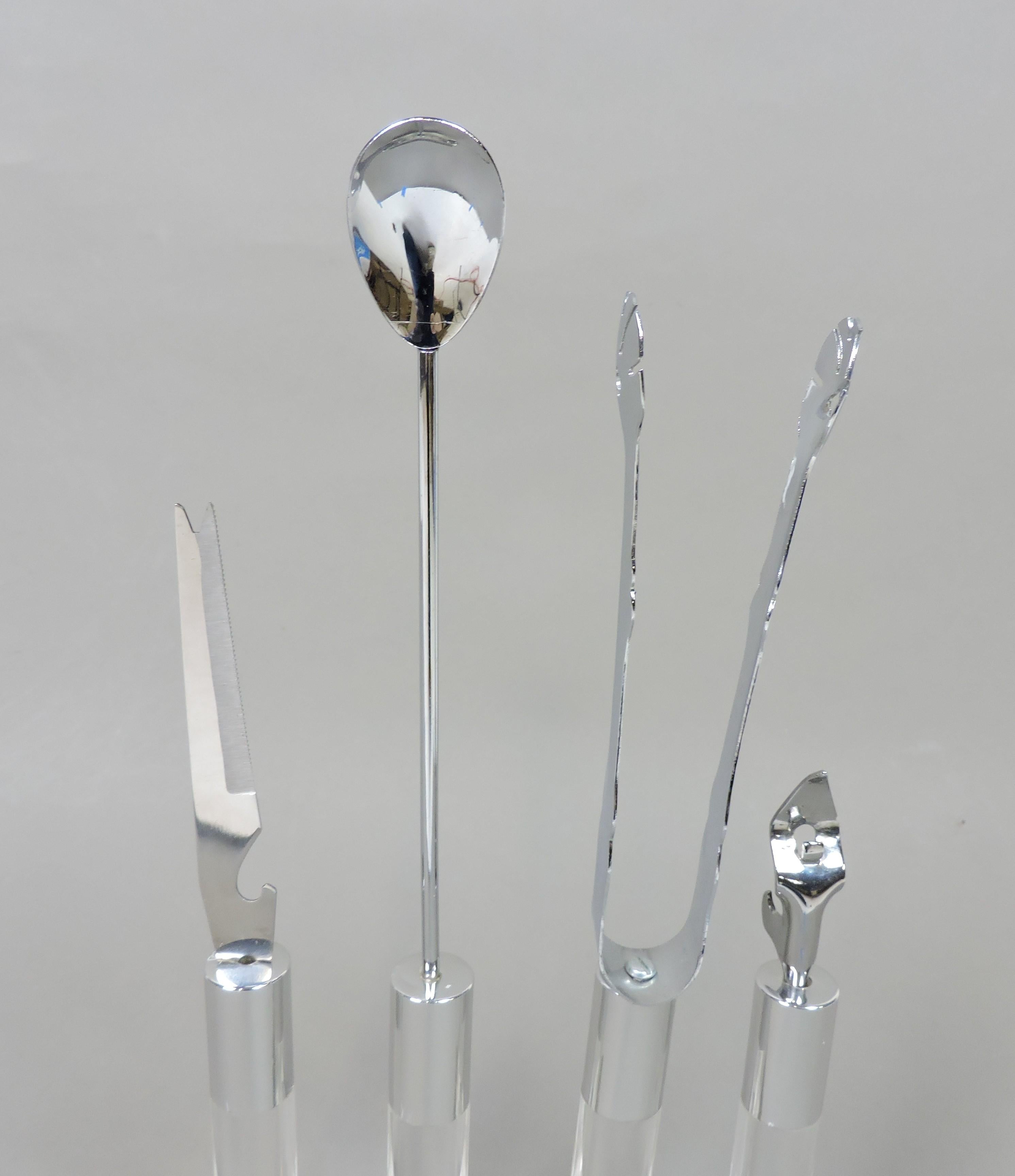 American Lucite, Chrome and Stainless Steel Mid-Century Modern Bar Tool Set