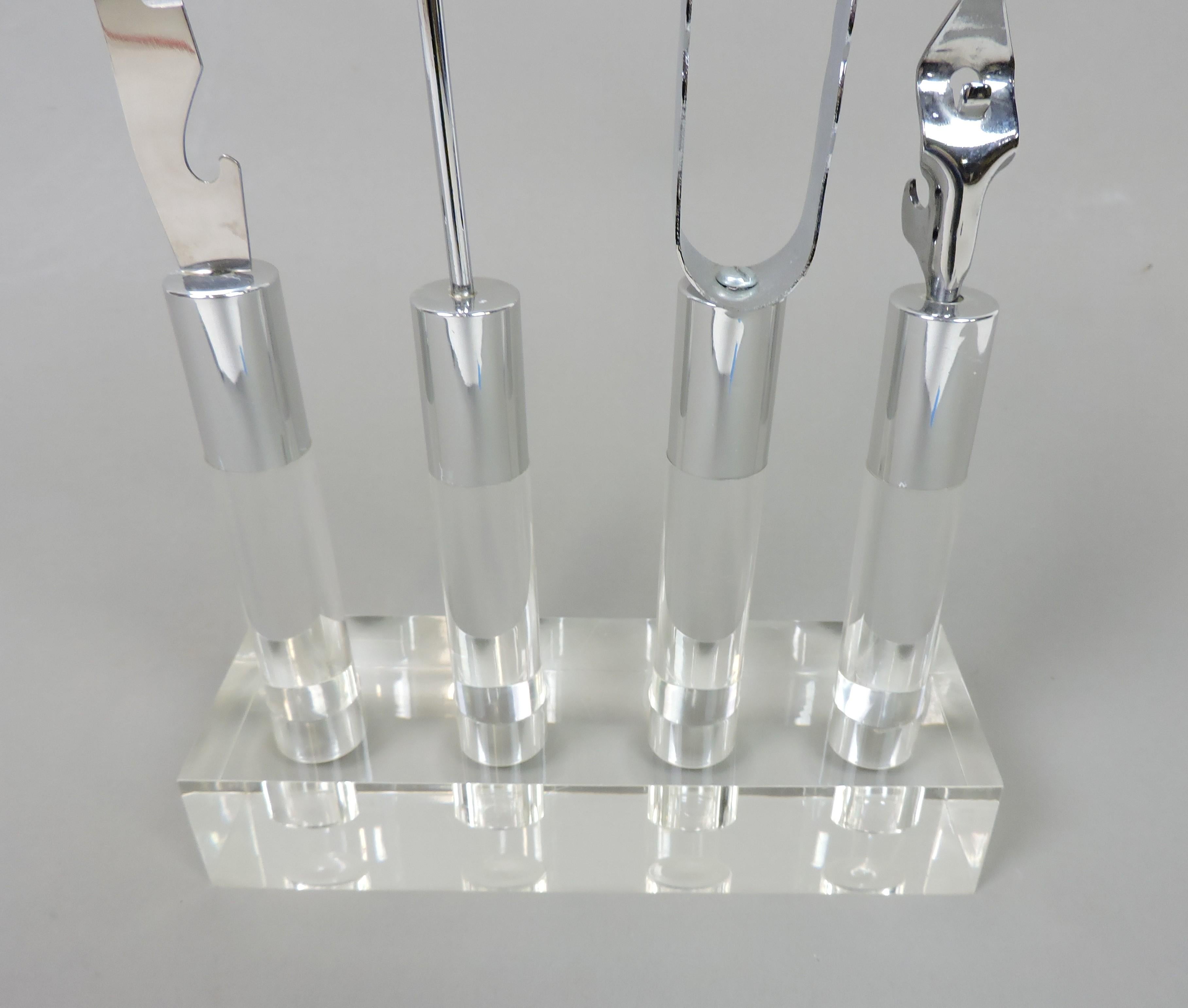 Lucite, Chrome and Stainless Steel Mid-Century Modern Bar Tool Set In Good Condition In Chesterfield, NJ