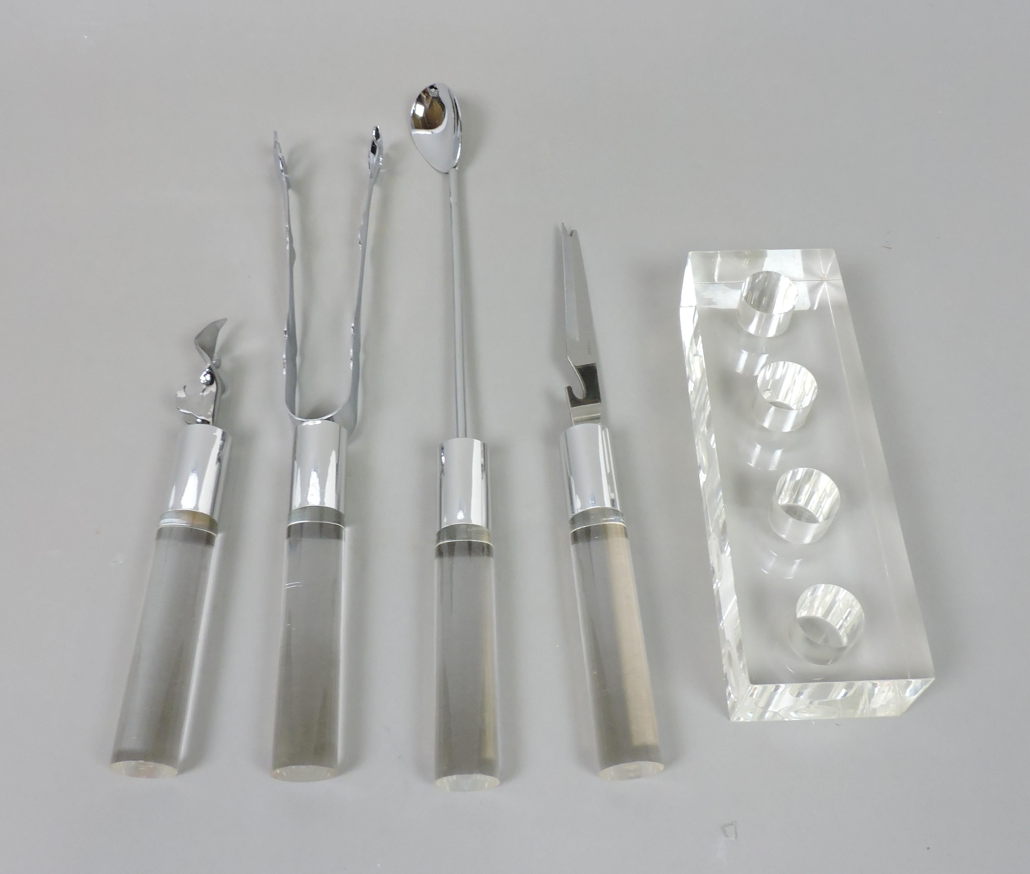 Lucite, Chrome and Stainless Steel Mid-Century Modern Bar Tool Set 2