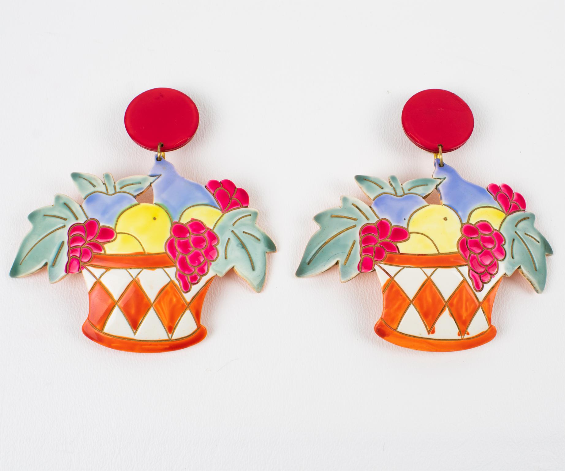 Retro Lucite Clip-on Earrings Massive Fantasy Multicolor Fruit Basket For Sale