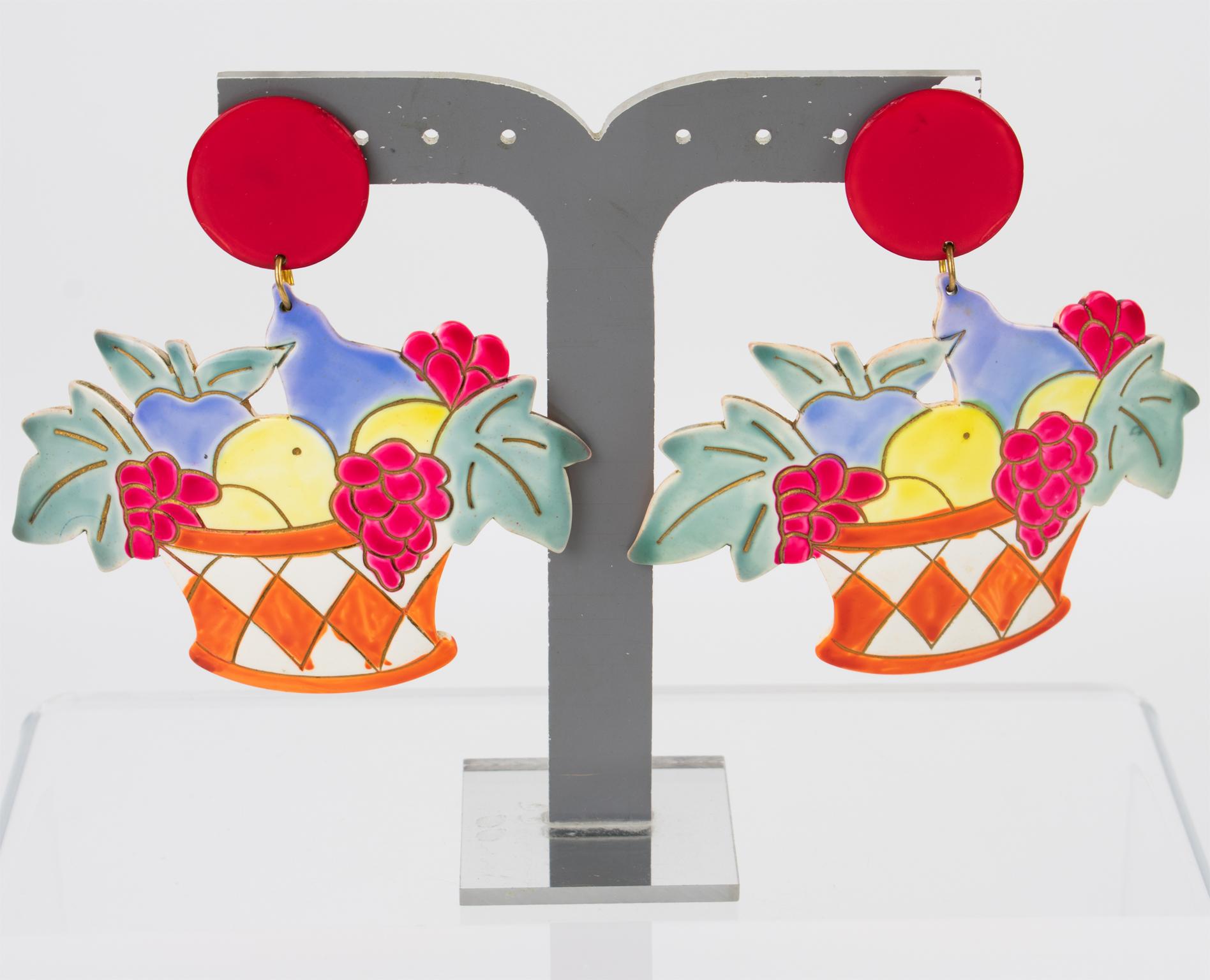 Lucite Clip-on Earrings Massive Fantasy Multicolor Fruit Basket For Sale 1