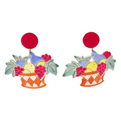Vintage Lucite Clip-on Earrings Massive Fantasy Multicolor Fruit Basket