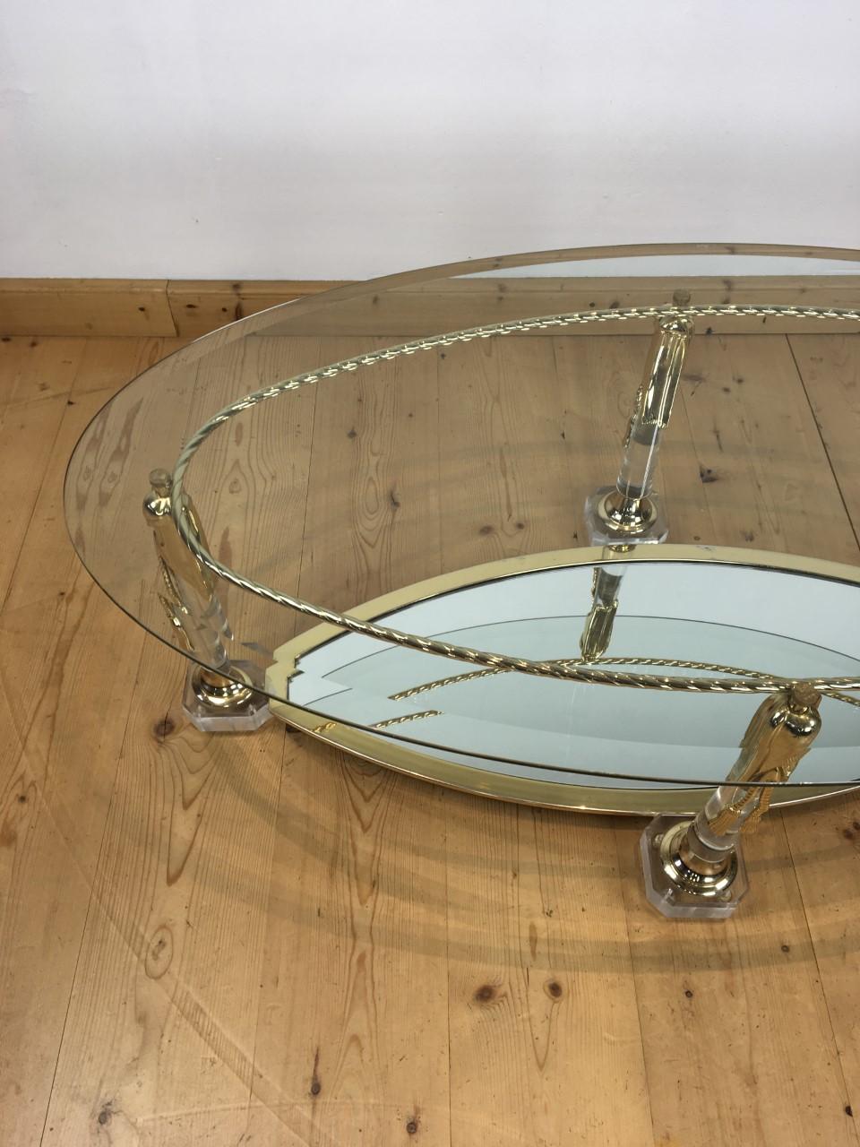 Italian Lucite Coffee Table with Gilt Tassels and Rope, Mirror Glass and Beveled Glass