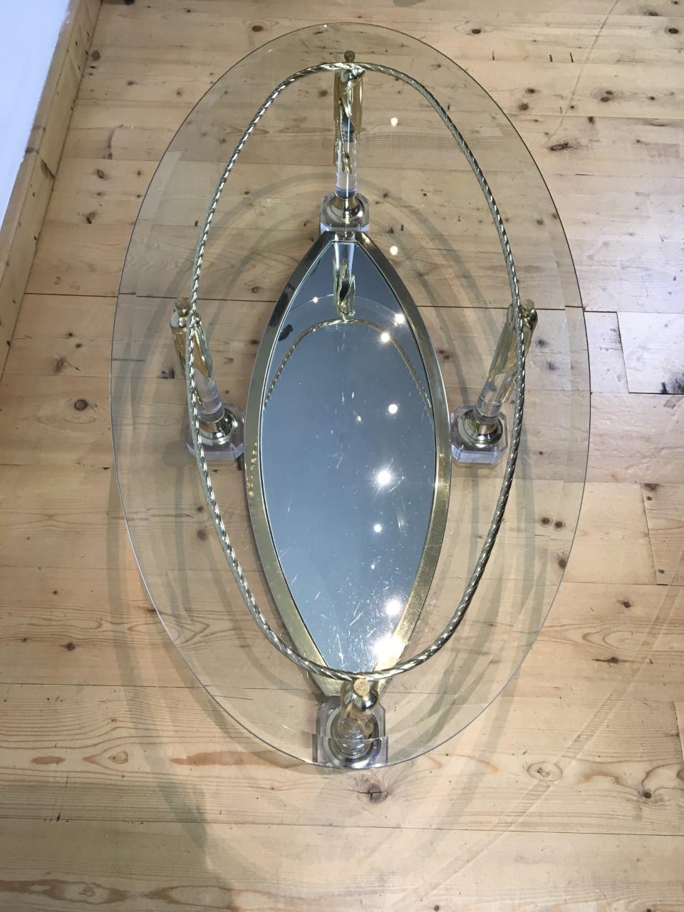 Lucite Coffee Table with Gilt Tassels and Rope, Mirror Glass and Beveled Glass 2