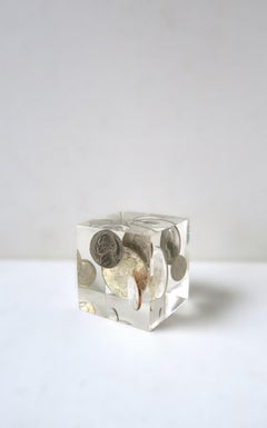 Lucite Cube Coin Paperweight Decorative Object, 1960s