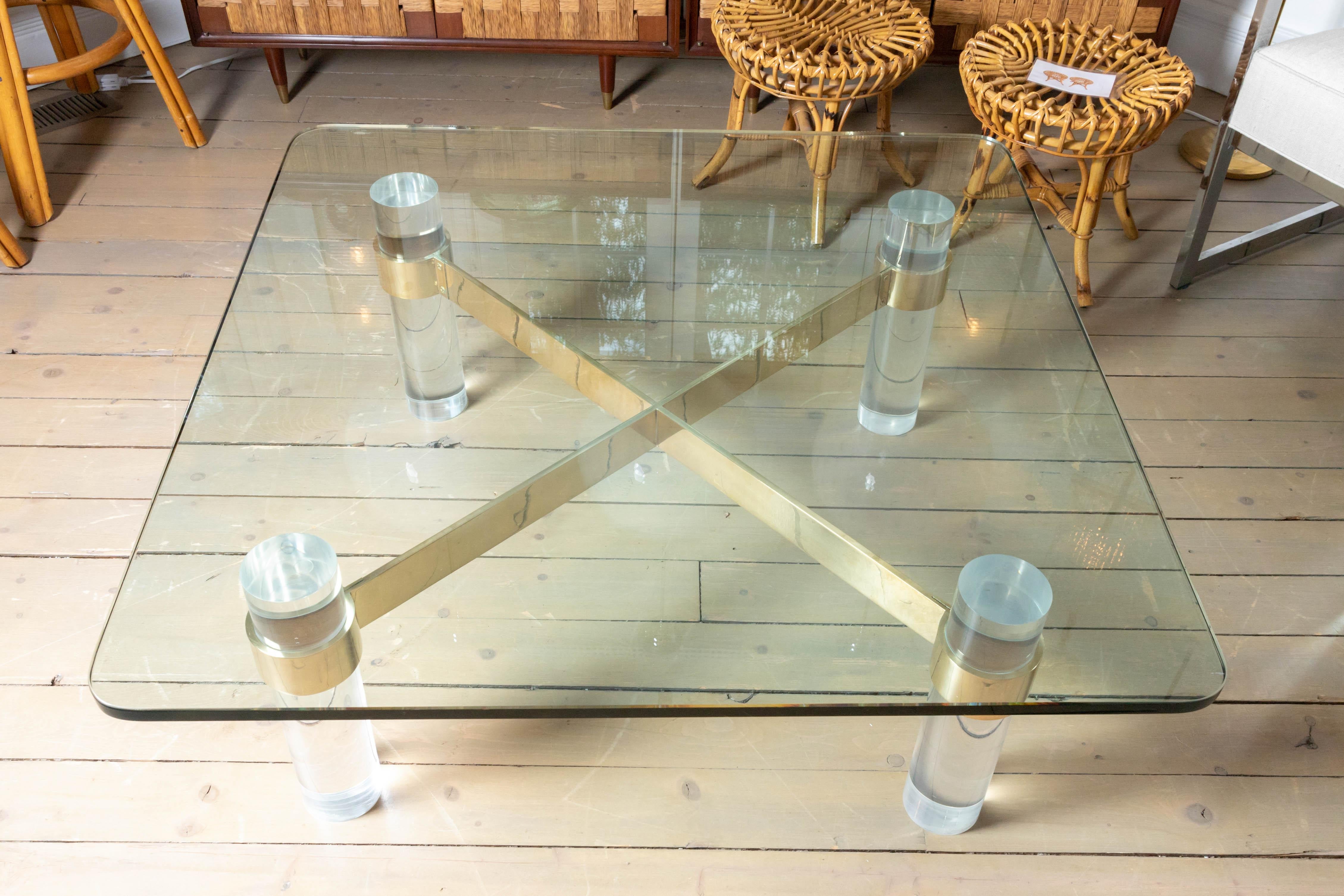 20th Century Lucite Colulmns, Brass Cross Bars Base and Glass Top Coffee Table, Karl Springer