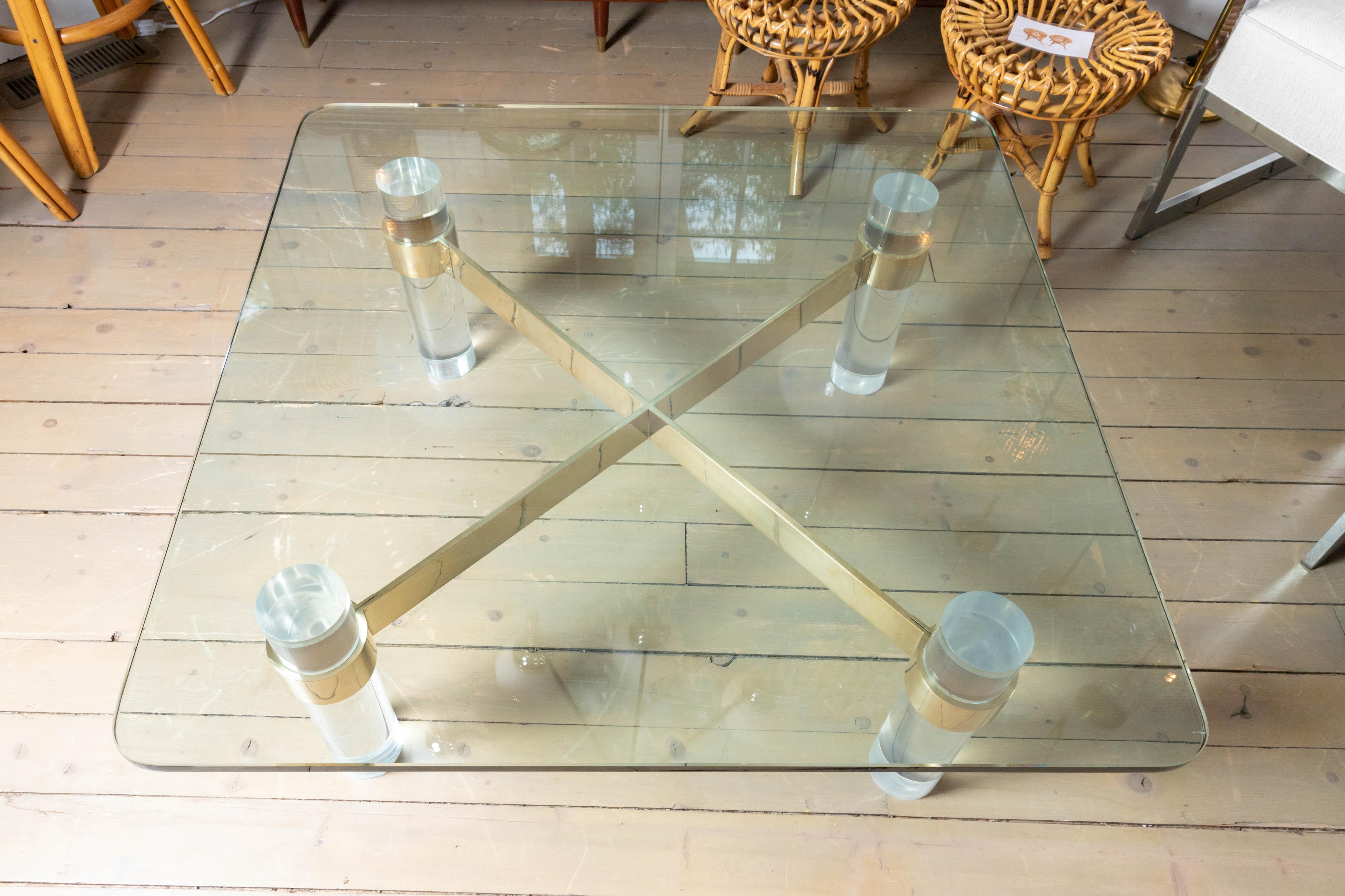 Lucite Colulmns, Brass Cross Bars Base and Glass Top Coffee Table, Karl Springer 2