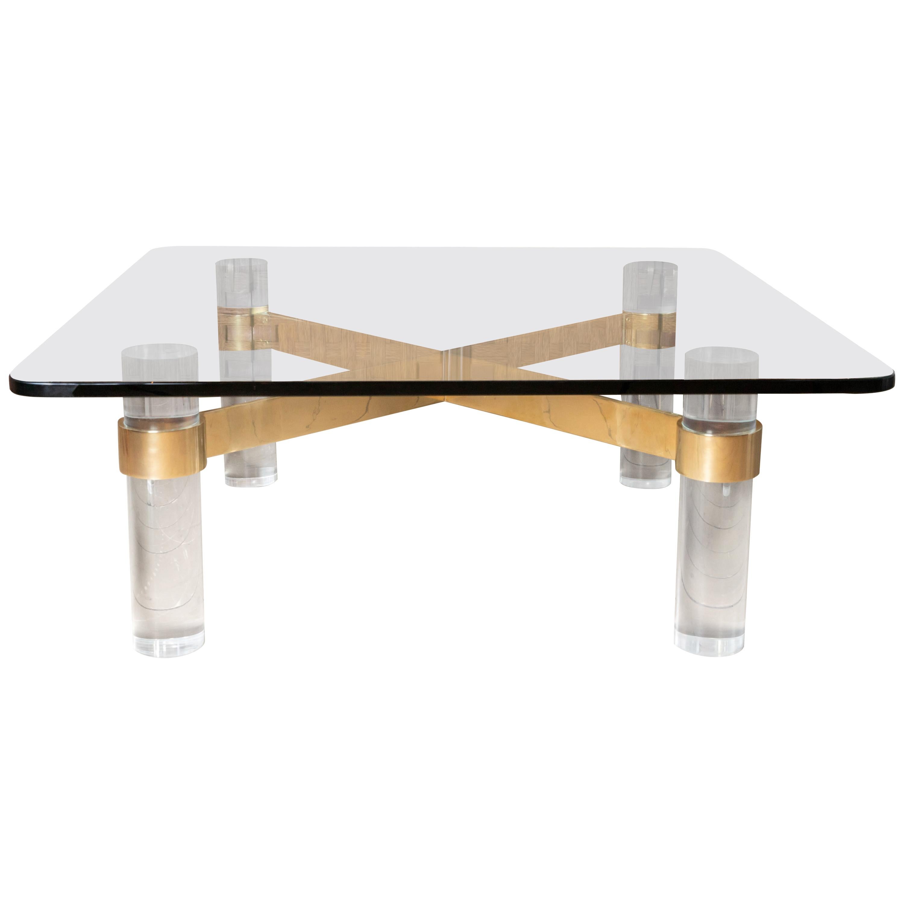 Lucite Colulmns, Brass Cross Bars Base and Glass Top Coffee Table, Karl Springer