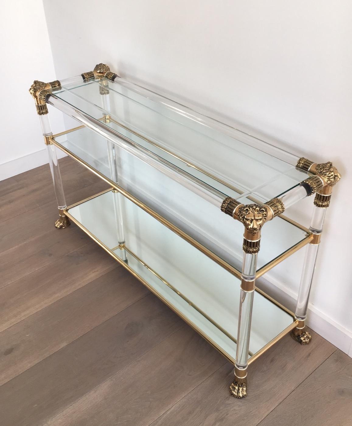 Lucite Console Table with Gild Lion Heads and Claw Feet, French, circa 1970 3