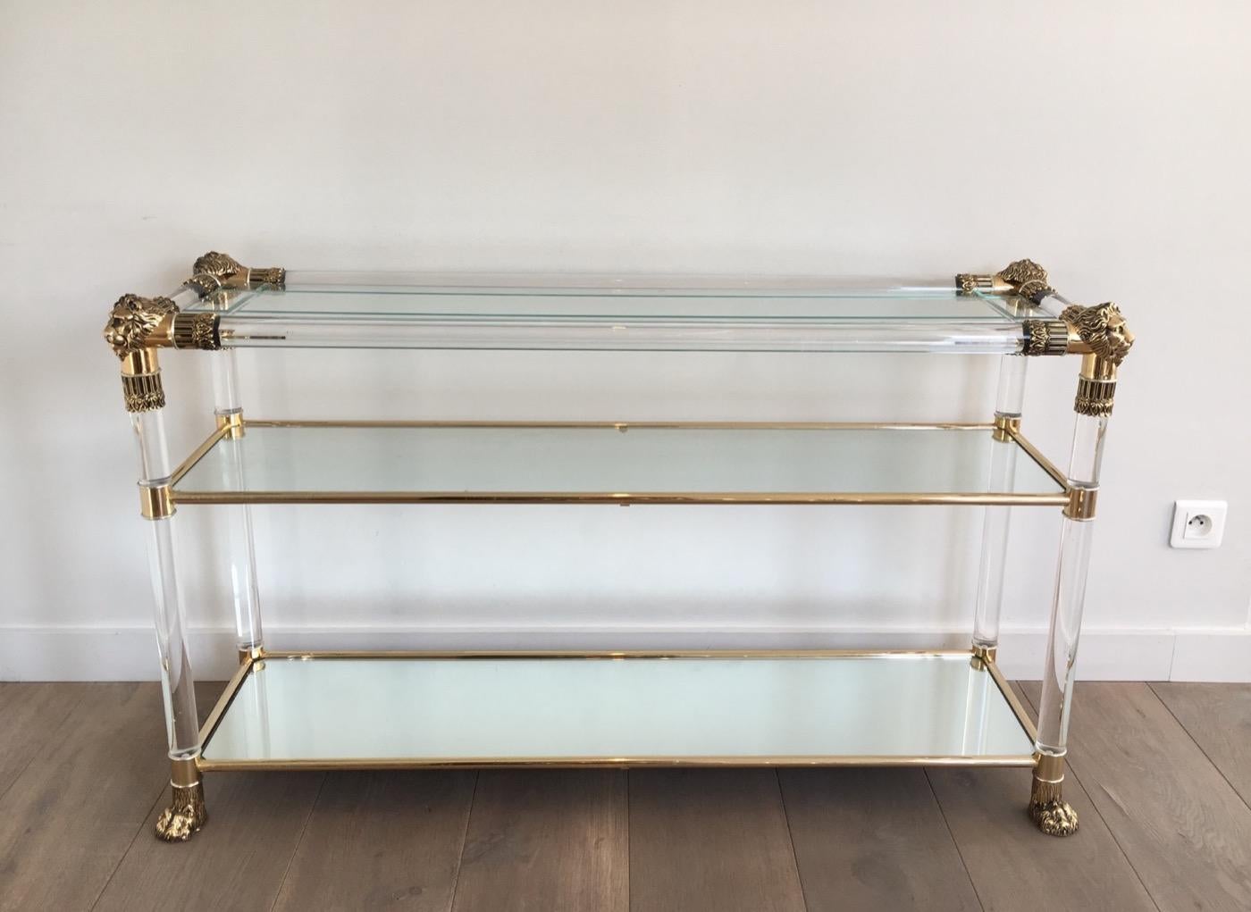 Lucite Console Table with Gild Lion Heads and Claw Feet, French, circa 1970 4