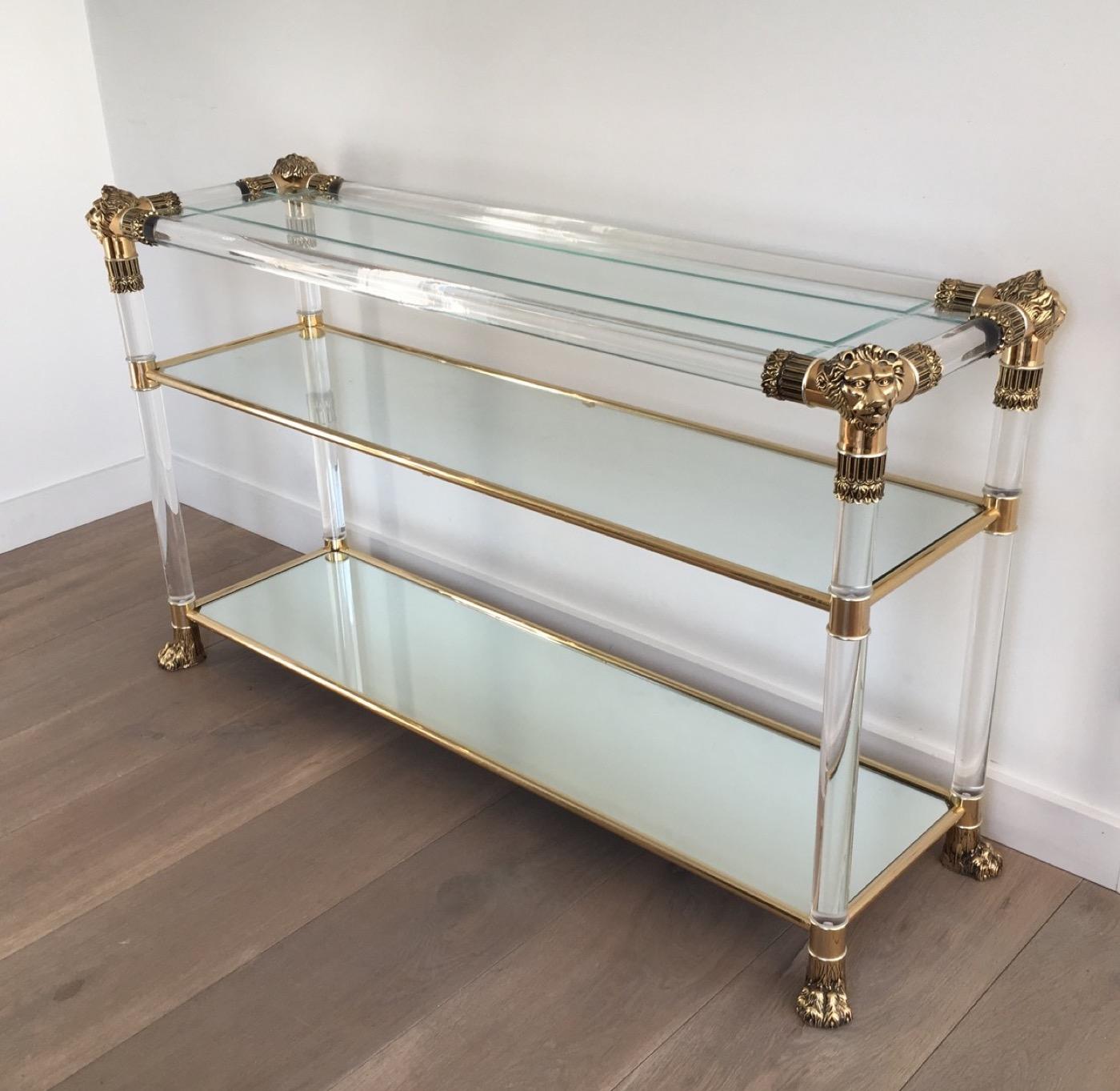 Lucite Console Table with Gild Lion Heads and Claw Feet, French, circa 1970 5