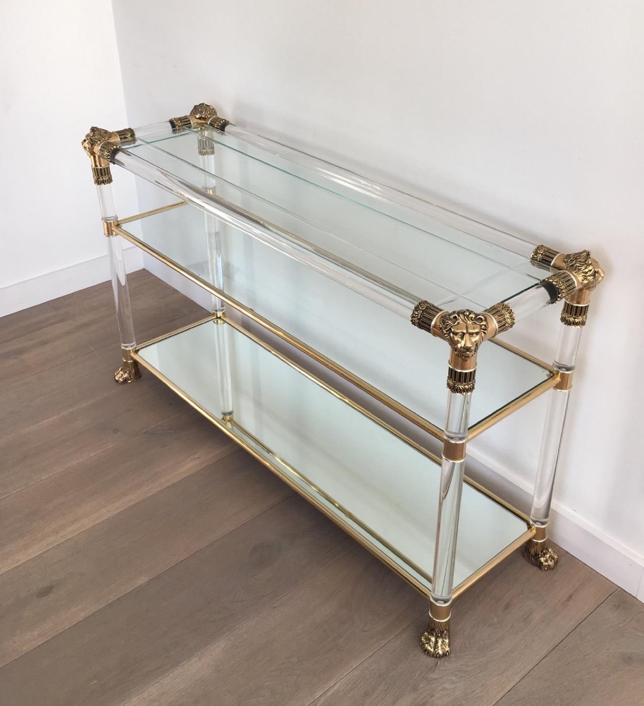 Lucite Console Table with Gild Lion Heads and Claw Feet, French, circa 1970 6