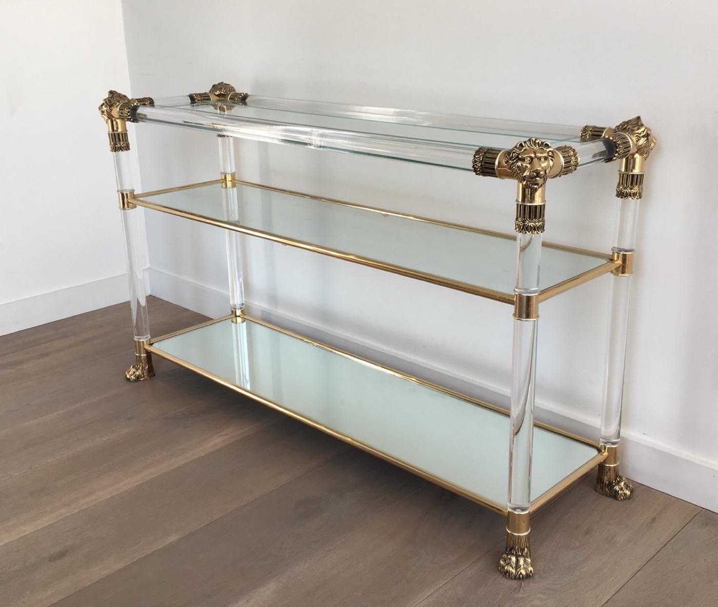 Lucite Console Table with Gild Lion Heads and Claw Feet, French, circa 1970 7