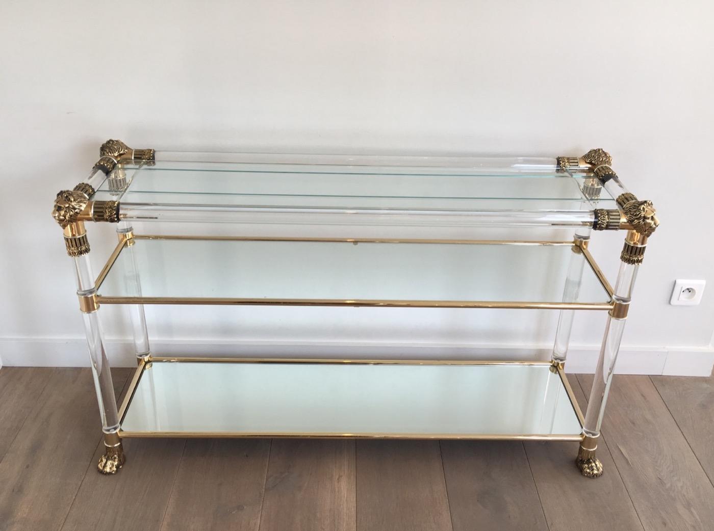 Lucite Console Table with Gild Lion Heads and Claw Feet, French, circa 1970 8