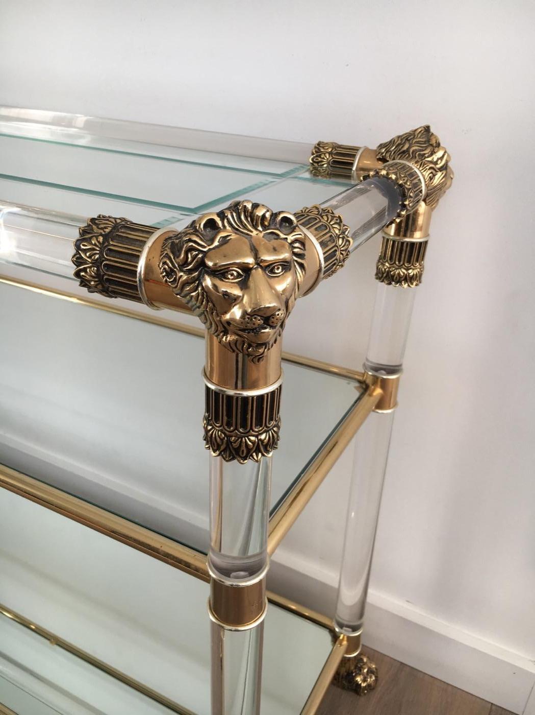 Lucite Console Table with Gild Lion Heads and Claw Feet, French, circa 1970 10