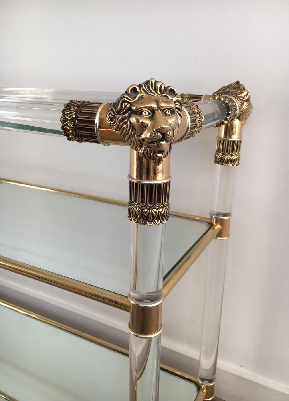 Lucite Console Table with Gild Lion Heads and Claw Feet, French, circa 1970 11