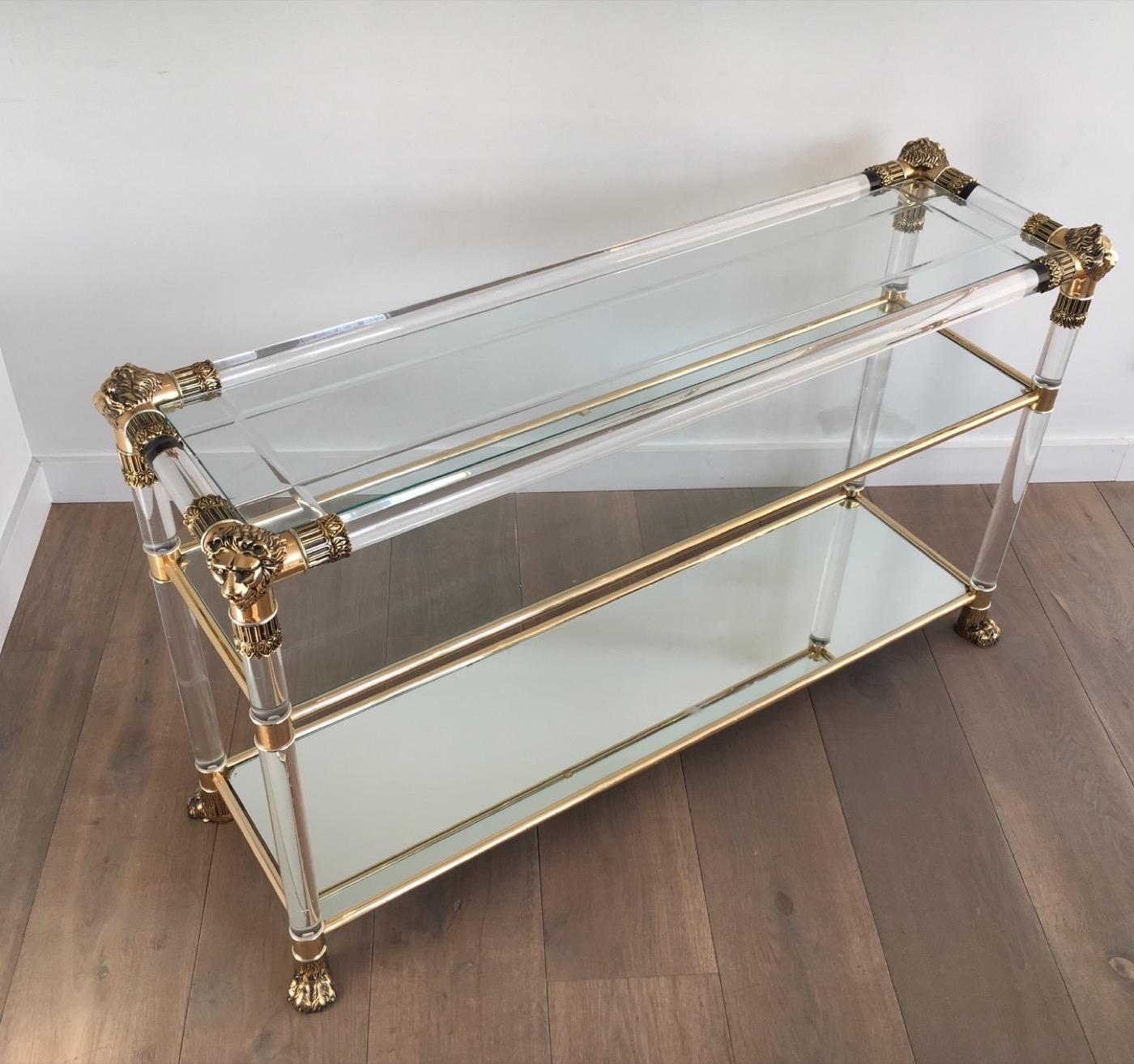 Lucite Console Table with Gild Lion Heads and Claw Feet, French, circa 1970 12