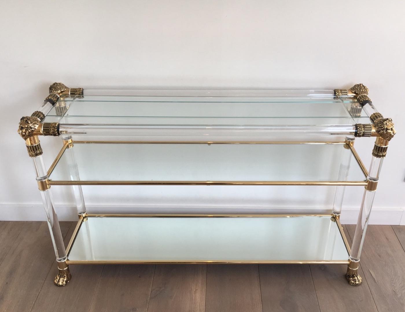 Lucite Console Table with Gild Lion Heads and Claw Feet, French, circa 1970 13