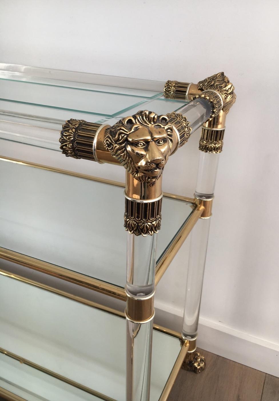 Mid-Century Modern Lucite Console Table with Gild Lion Heads and Claw Feet, French, circa 1970