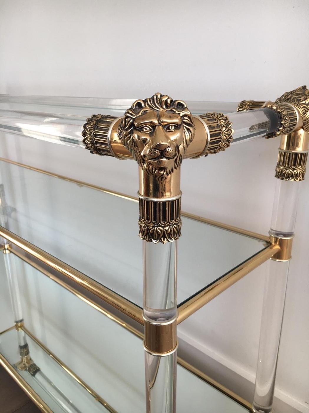 Gilt Lucite Console Table with Gild Lion Heads and Claw Feet, French, circa 1970