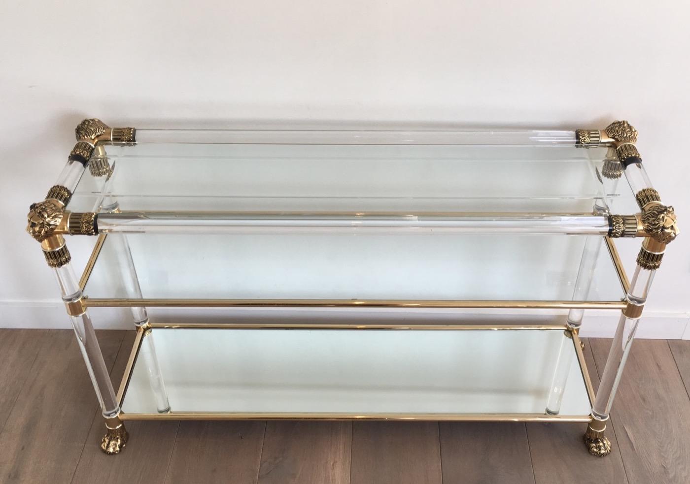 Glass Lucite Console Table with Gild Lion Heads and Claw Feet, French, circa 1970