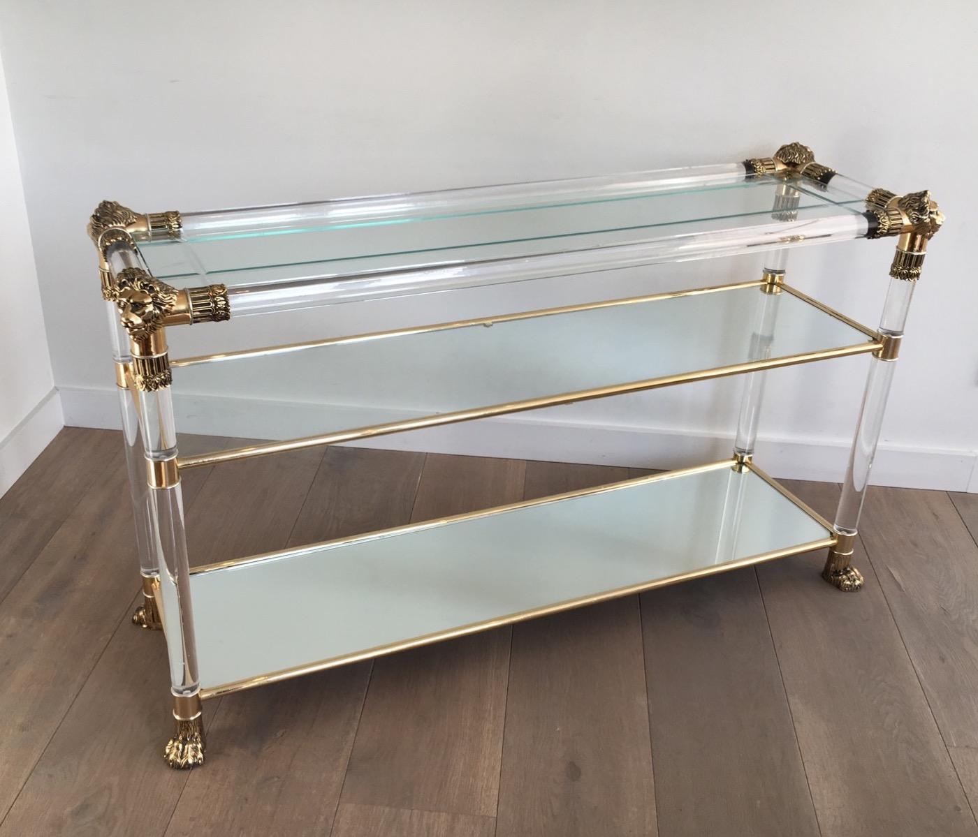 Lucite Console Table with Gild Lion Heads and Claw Feet, French, circa 1970 1