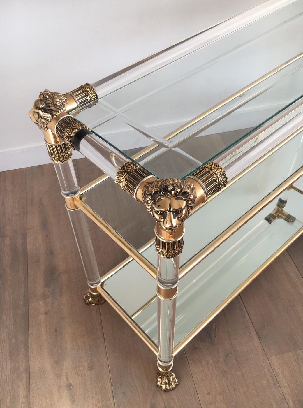 Lucite Console Table with Gild Lion Heads and Claw Feet, French, circa 1970 2