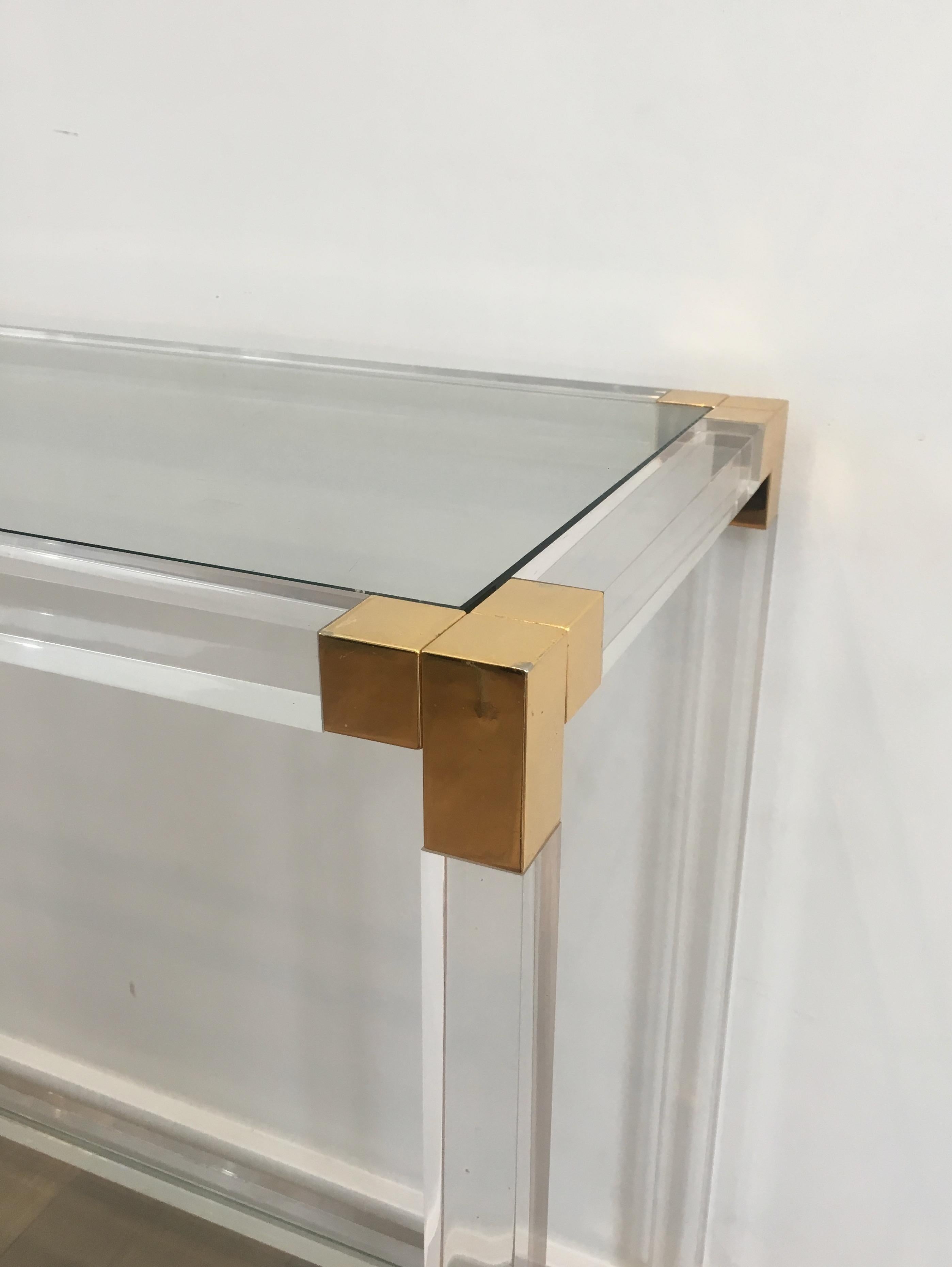 Lucite Console Table with Gold Gilt Corners, French, circa 1970 5