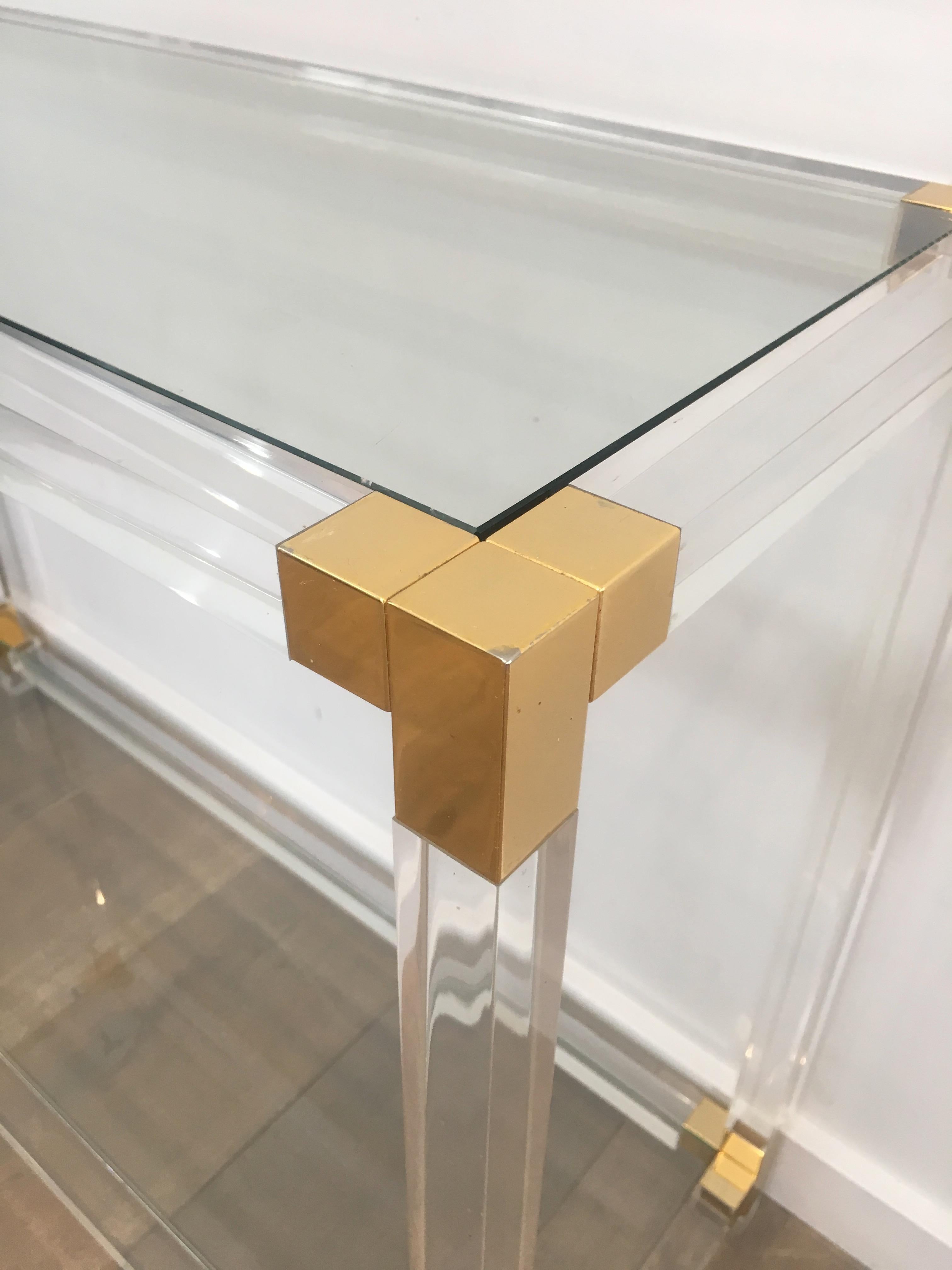 Lucite Console Table with Gold Gilt Corners, French, circa 1970 6