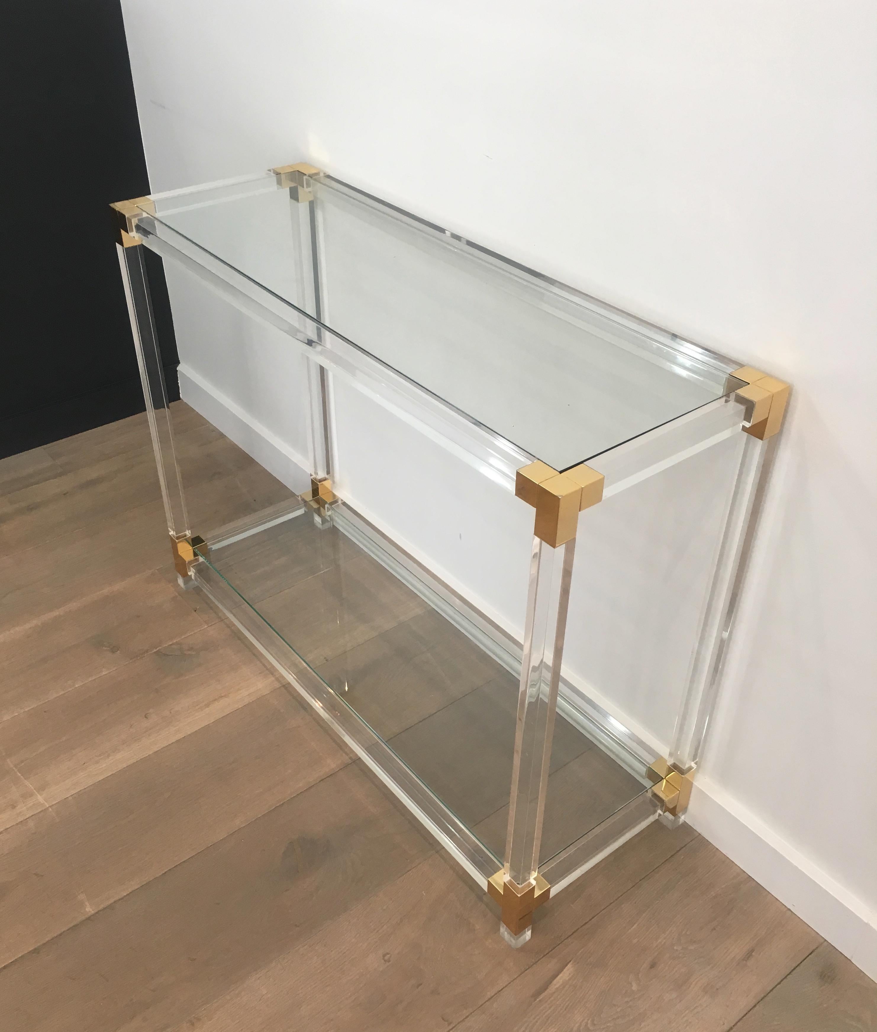 Lucite Console Table with Gold Gilt Corners, French, circa 1970 13