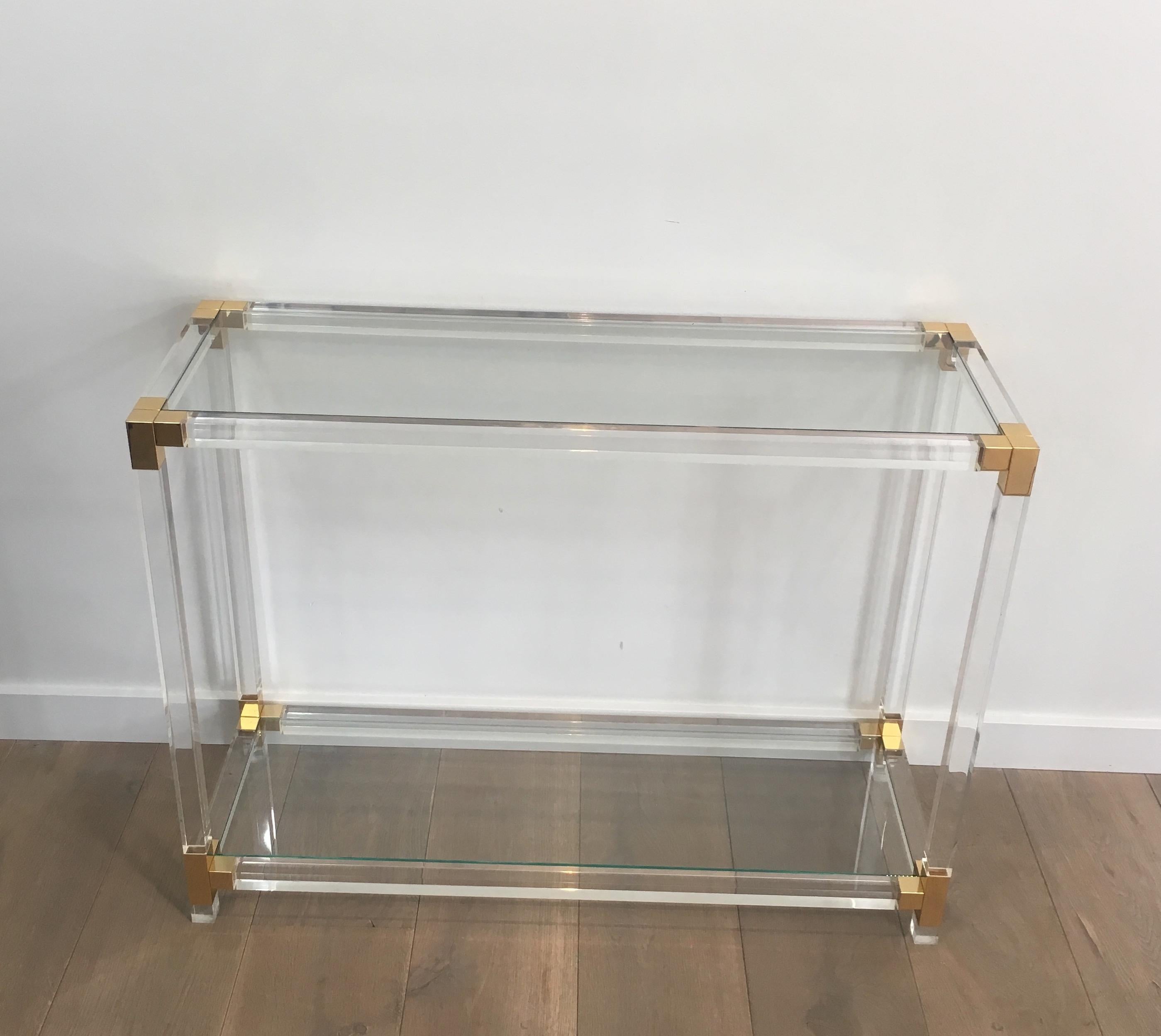 Lucite Console Table with Gold Gilt Corners, French, circa 1970 14