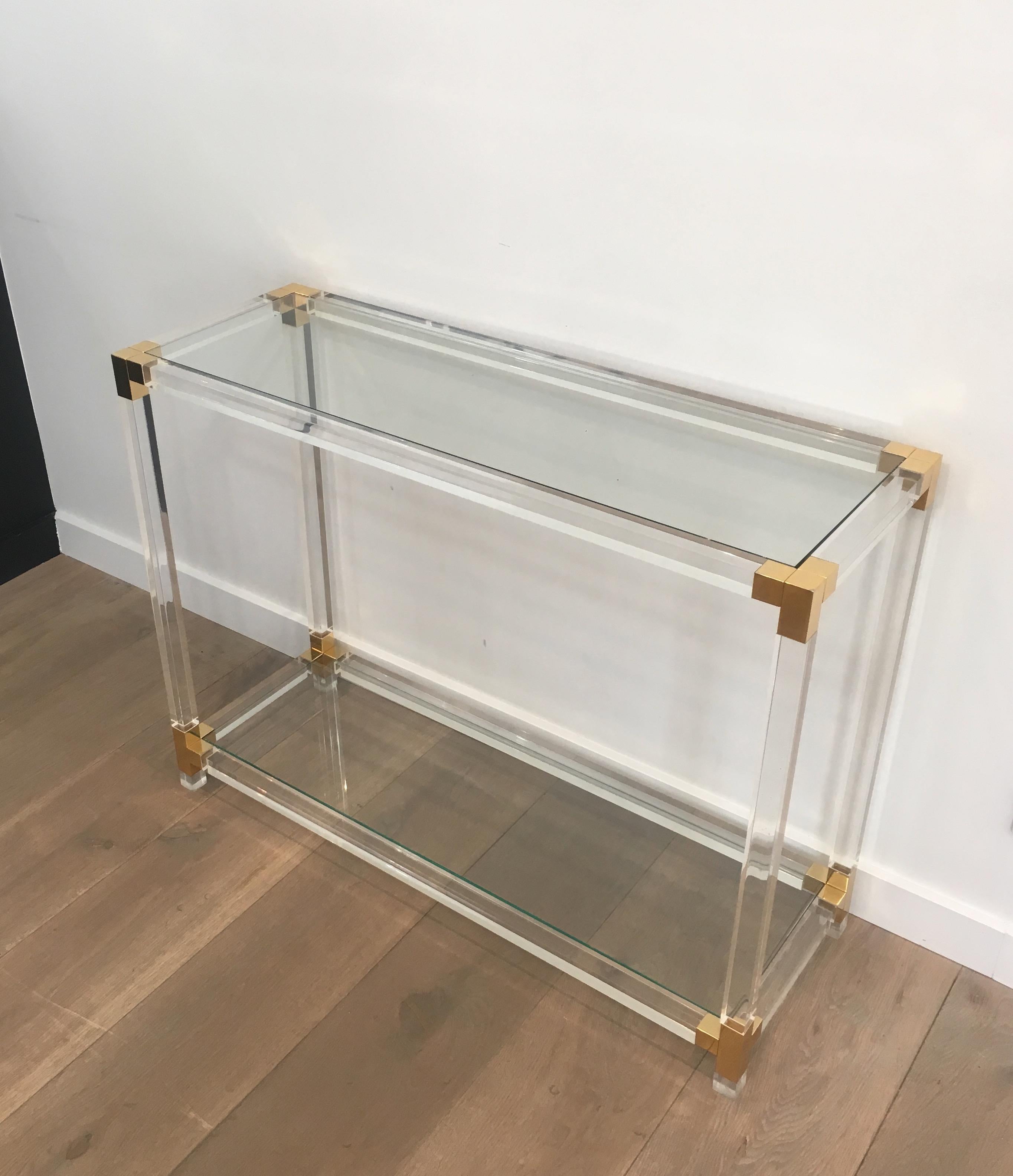 Mid-Century Modern Lucite Console Table with Gold Gilt Corners, French, circa 1970
