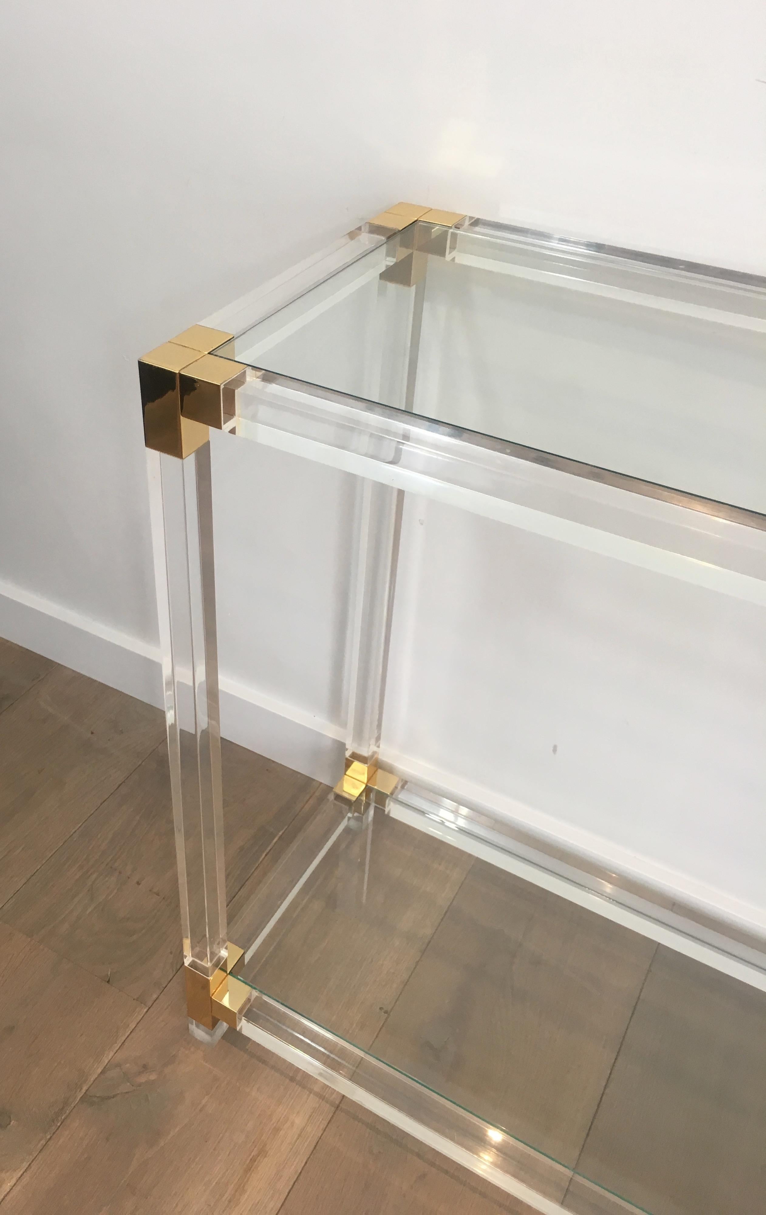 Lucite Console Table with Gold Gilt Corners, French, circa 1970 In Good Condition In Marcq-en-Barœul, Hauts-de-France
