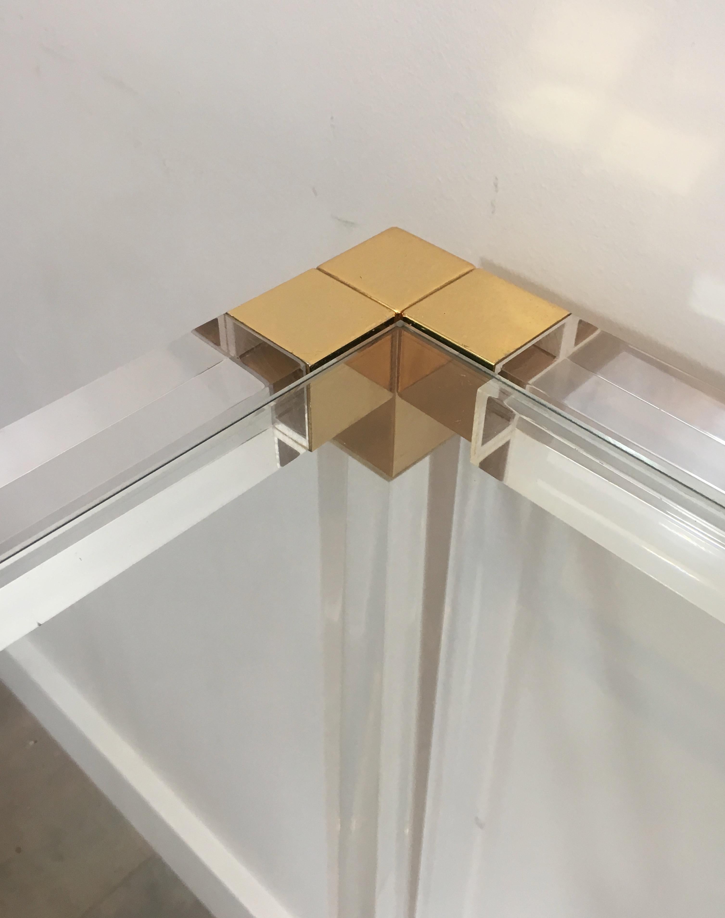 Metal Lucite Console Table with Gold Gilt Corners, French, circa 1970