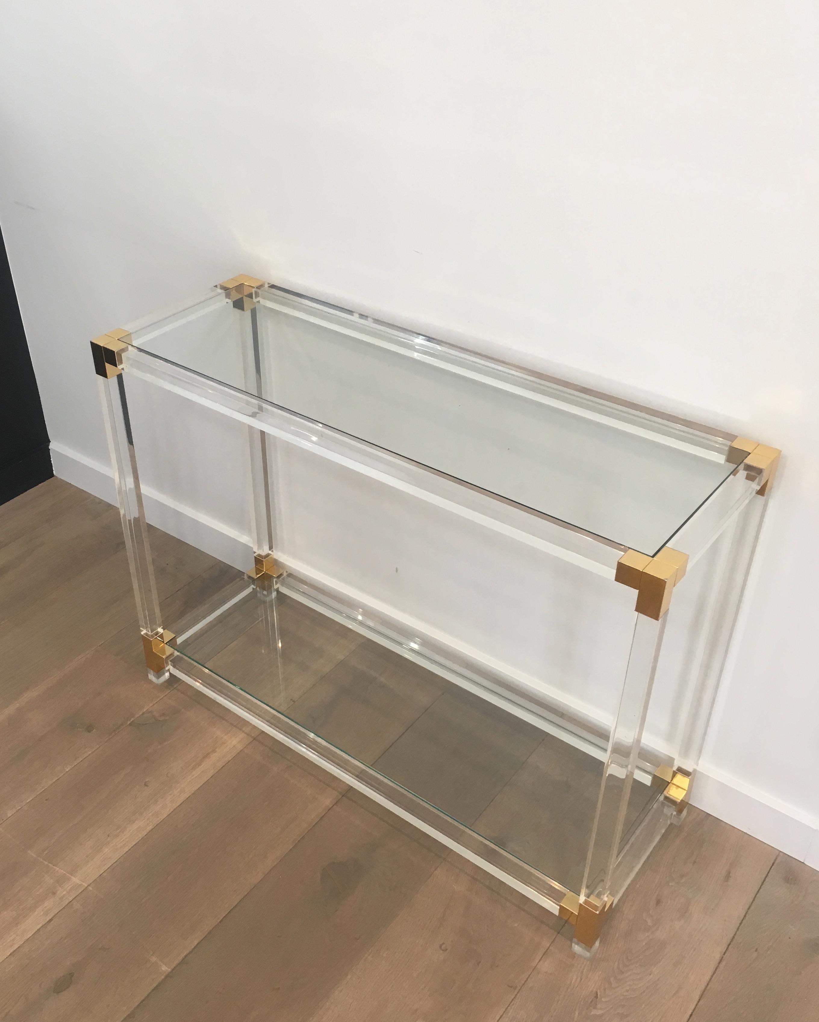 Lucite Console Table with Gold Gilt Corners, French, circa 1970 3