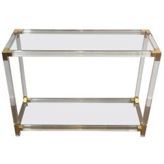 Table console en Lucite avec coins dorés:: Français:: vers 1970