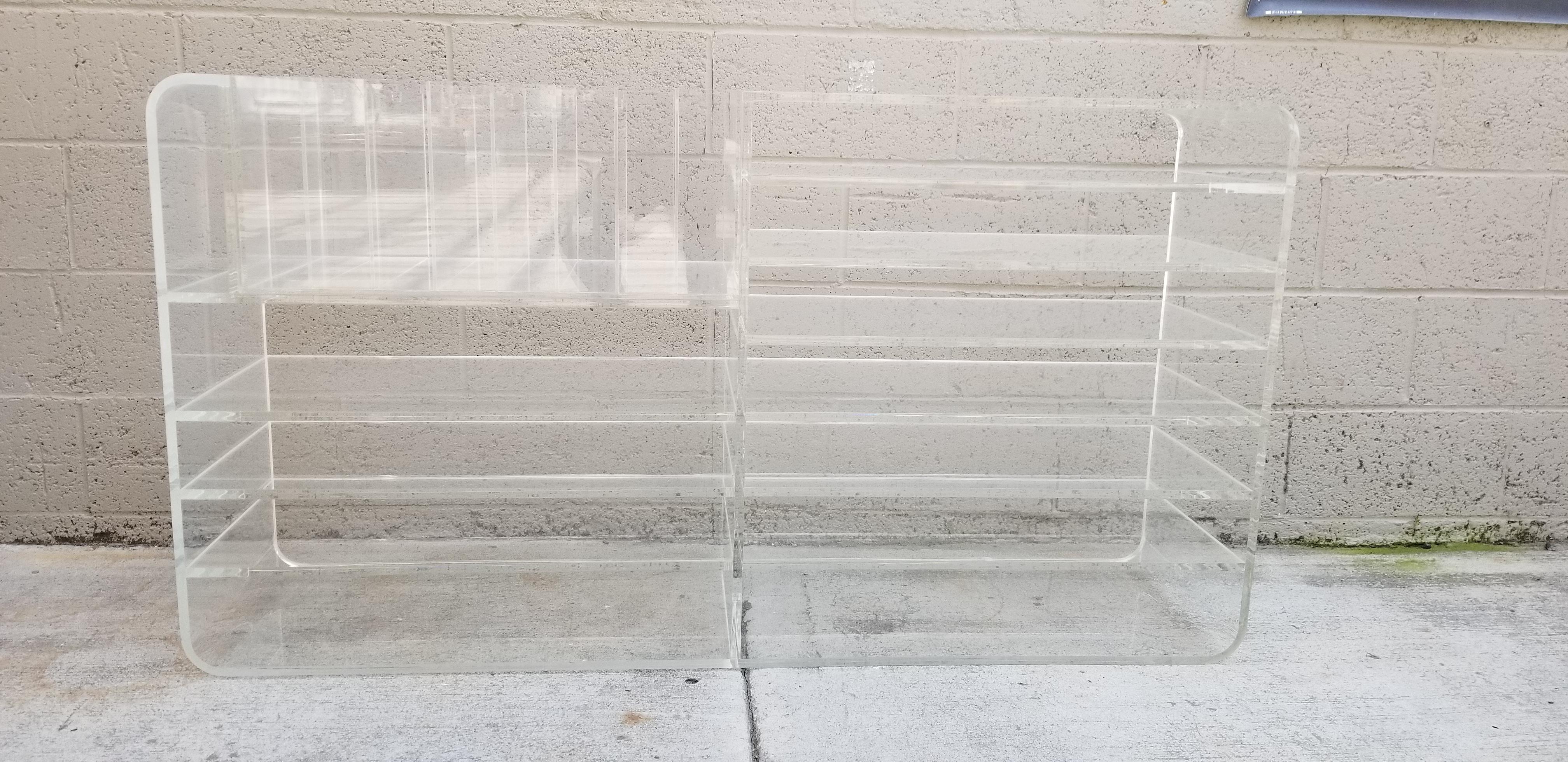 Unique Lucite or acrylic file organizer / storage unit with multiple shelves and removable file storage. Thick Lucite material with quality craftsmanship. Very good original condition with the usual scuffing and scratches found on vintage Lucite