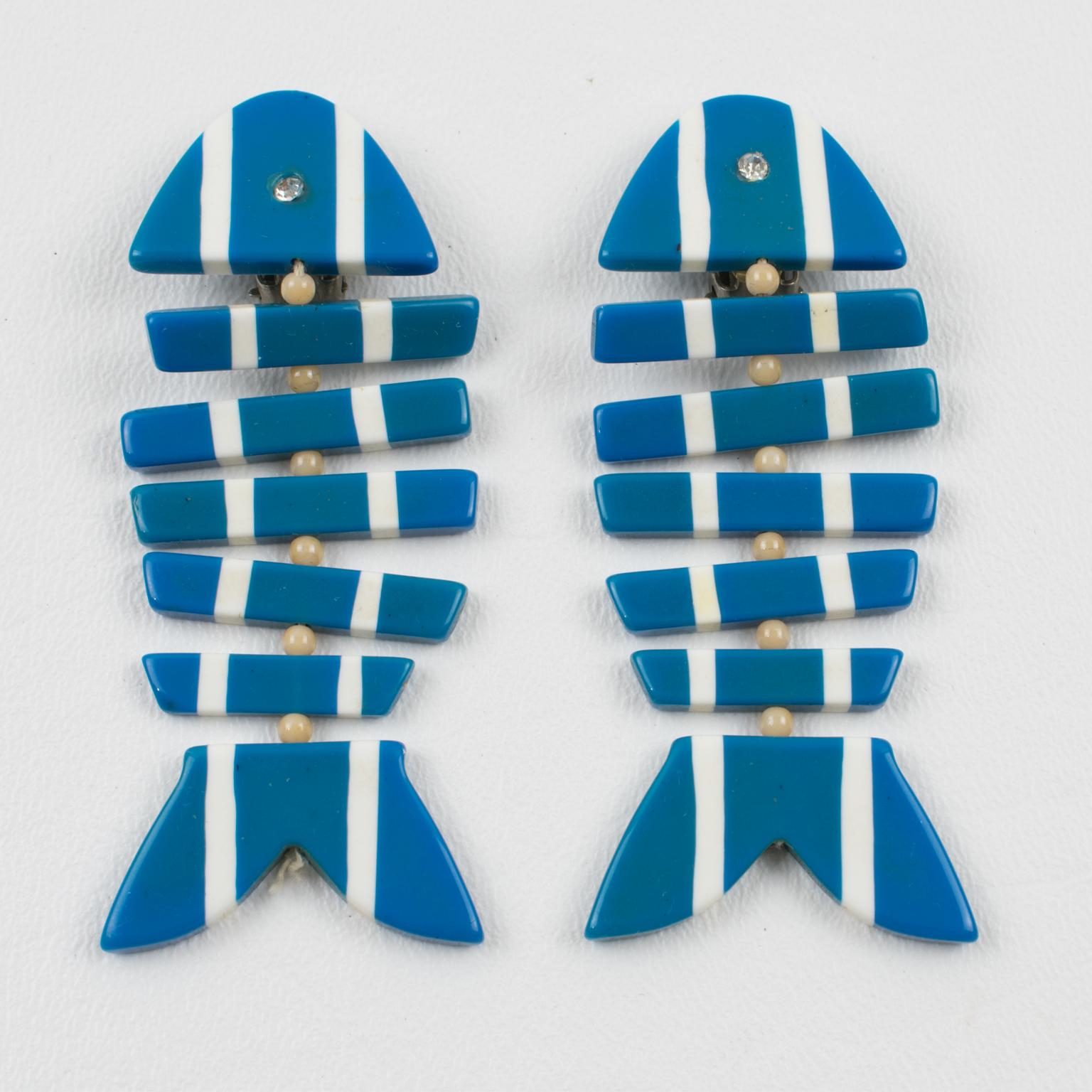 Modernist Lucite Dangle Clip Earrings Blue and White FishBone For Sale