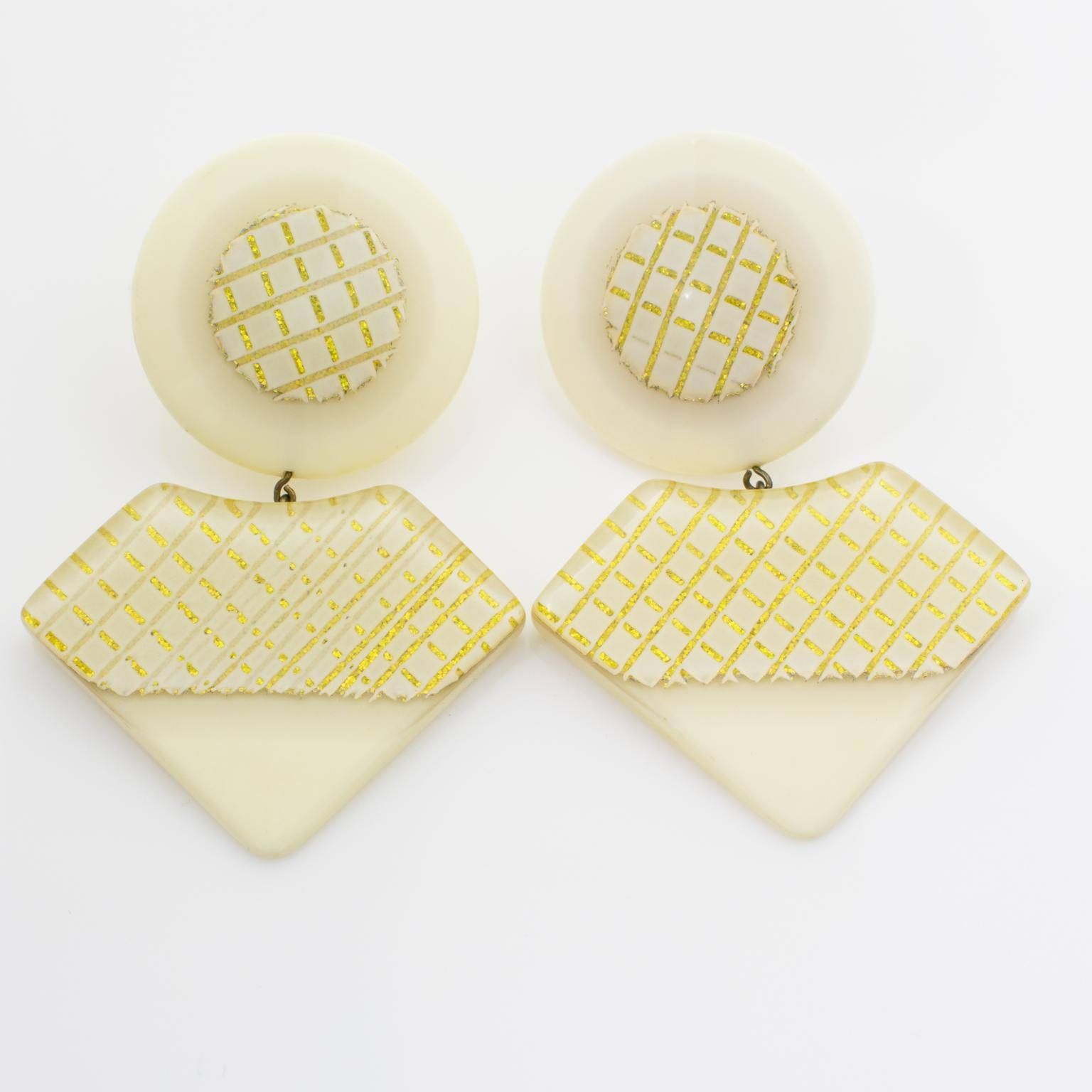 Modernist White and Gold Resin Dangle Clip Earrings For Sale
