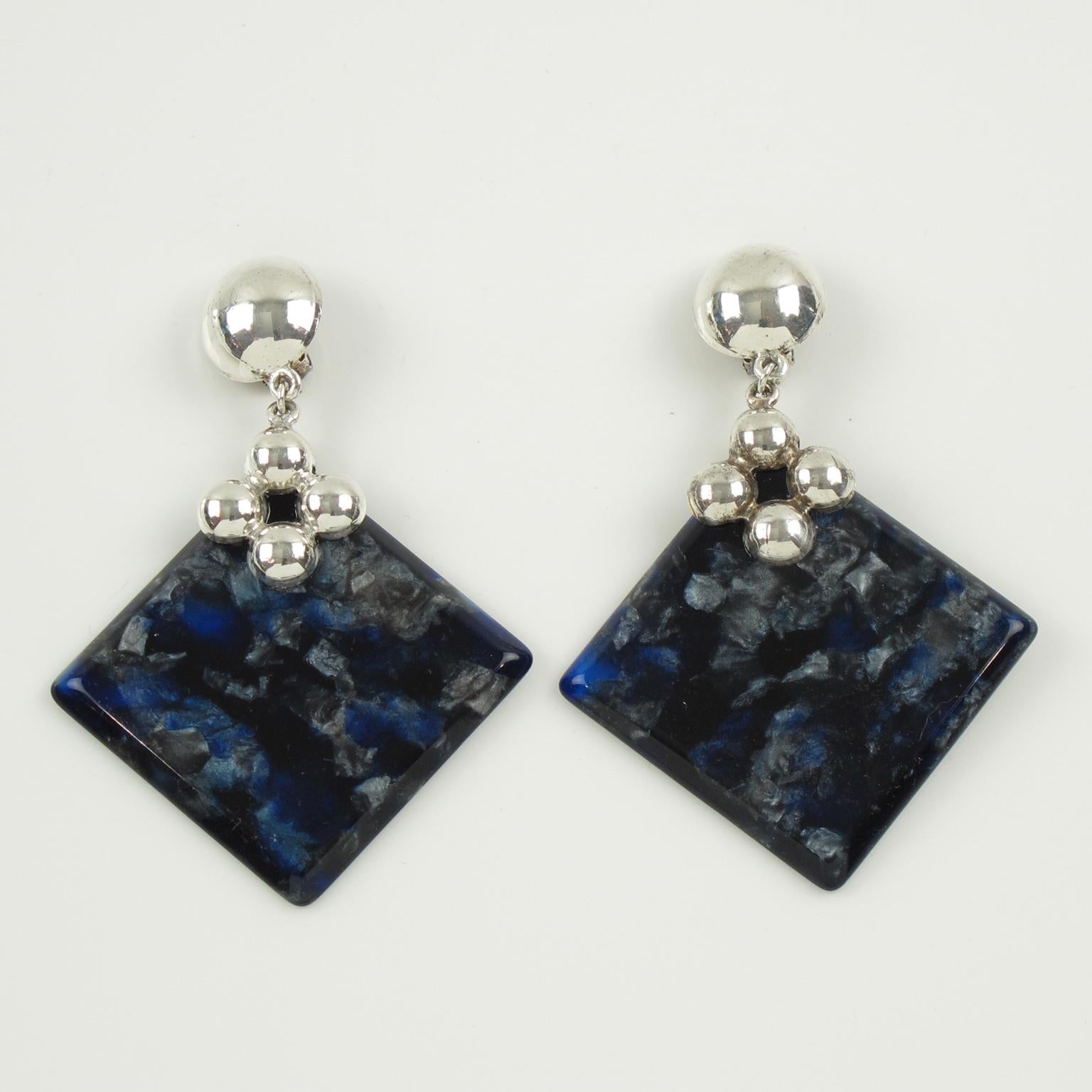 Modernist Lucite Dangle Geometric Clip Earrings with Blue Marble and Silver-plate Elements For Sale