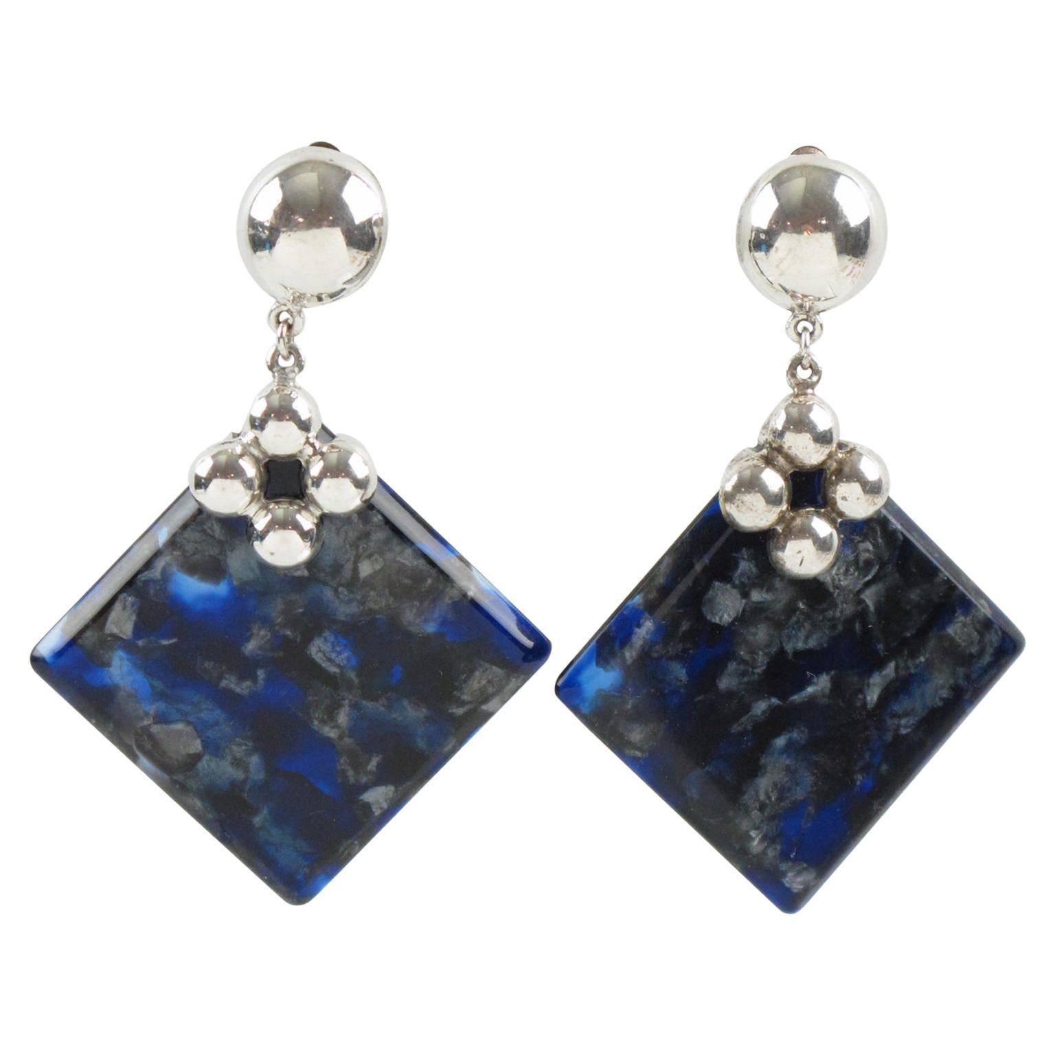 Lucite Dangle Geometric Clip Earrings with Blue Marble and Silver-plate Elements For Sale