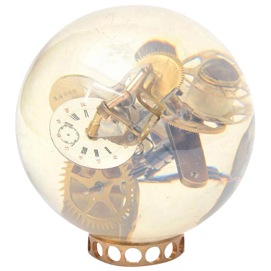 Vintage French Lucite Embedded Brass Clock Parts Ball Sculpture